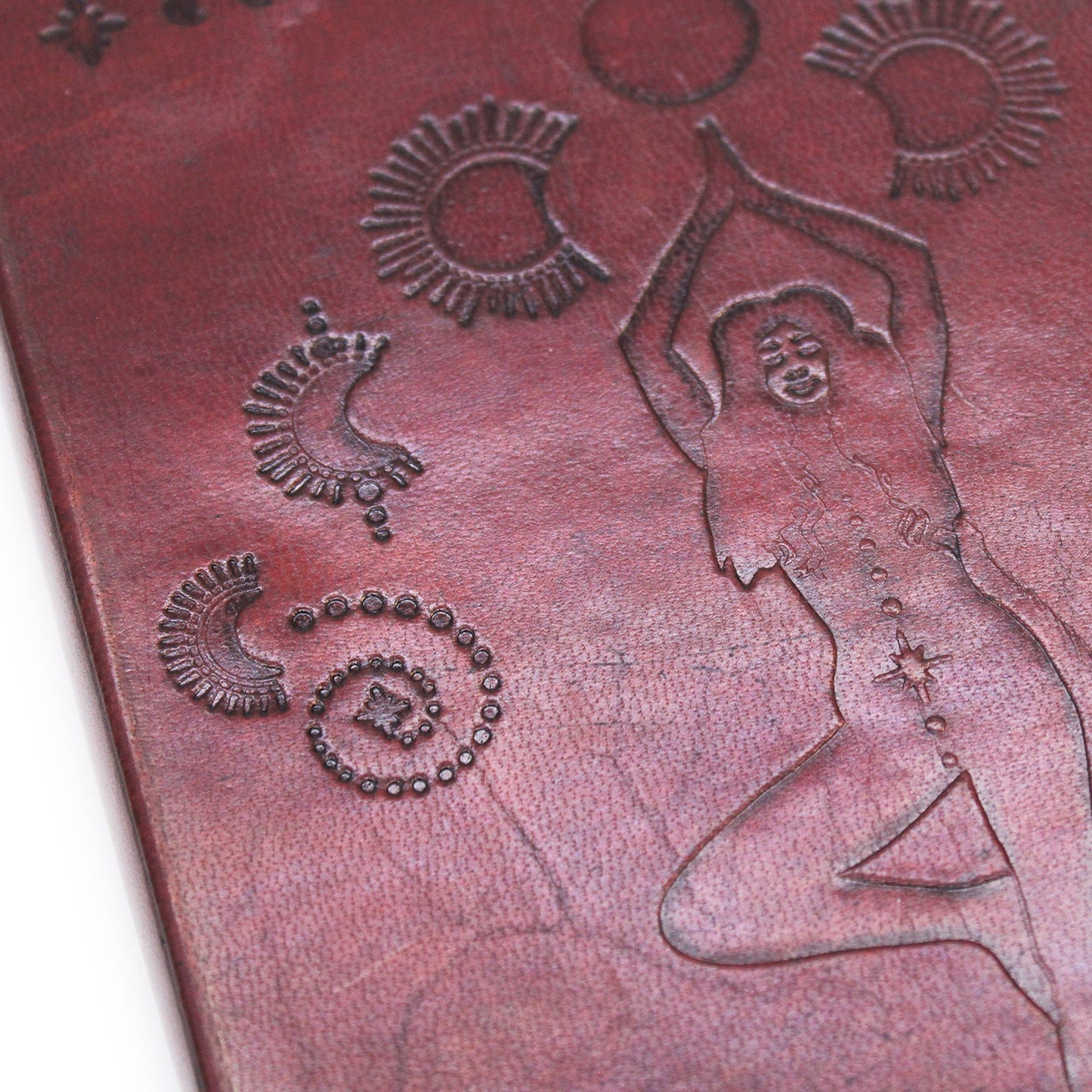 Handmade Vegetable Tanned Leather-Bound Eco-Friendly Notebook with Wrap - Medium / Burgundy / Cosmic Goddess product packaging on clean background from Quintessential Holistic Health Ltd