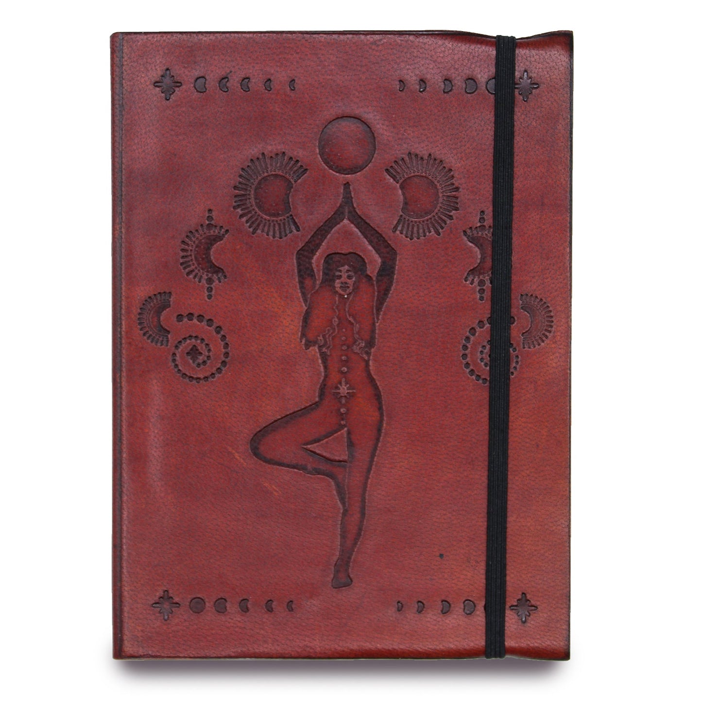 Handmade Vegetable Tanned Leather-Bound Eco-Friendly Notebook with Wrap - Medium / Burgundy / Cosmic Goddess product packaging on clean background from Quintessential Holistic Health Ltd