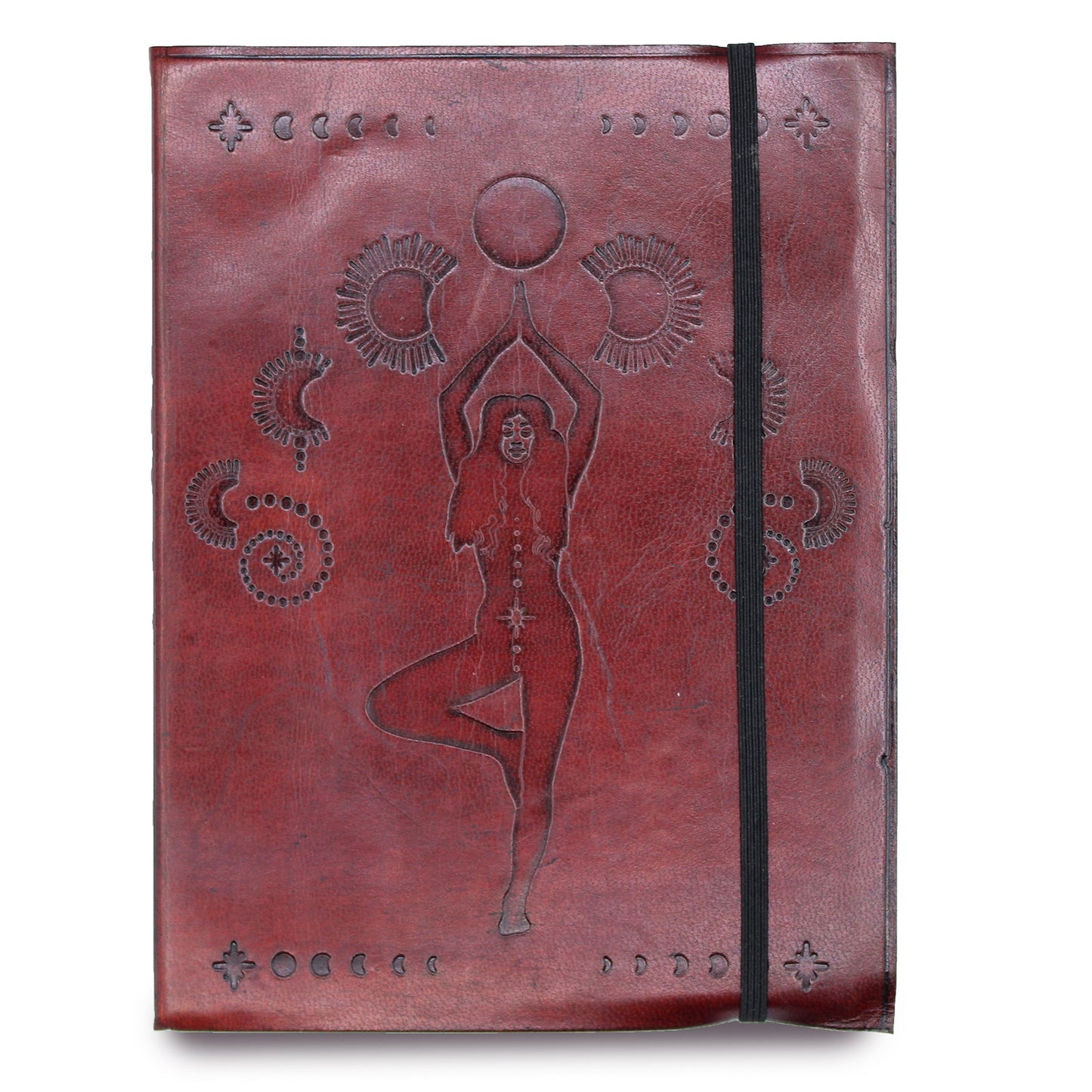 Handmade Vegetable Tanned Leather-Bound Eco-Friendly Notebook with Wrap - Large / Burgundy / Cosmic Goddess product packaging on clean background from Quintessential Holistic Health Ltd