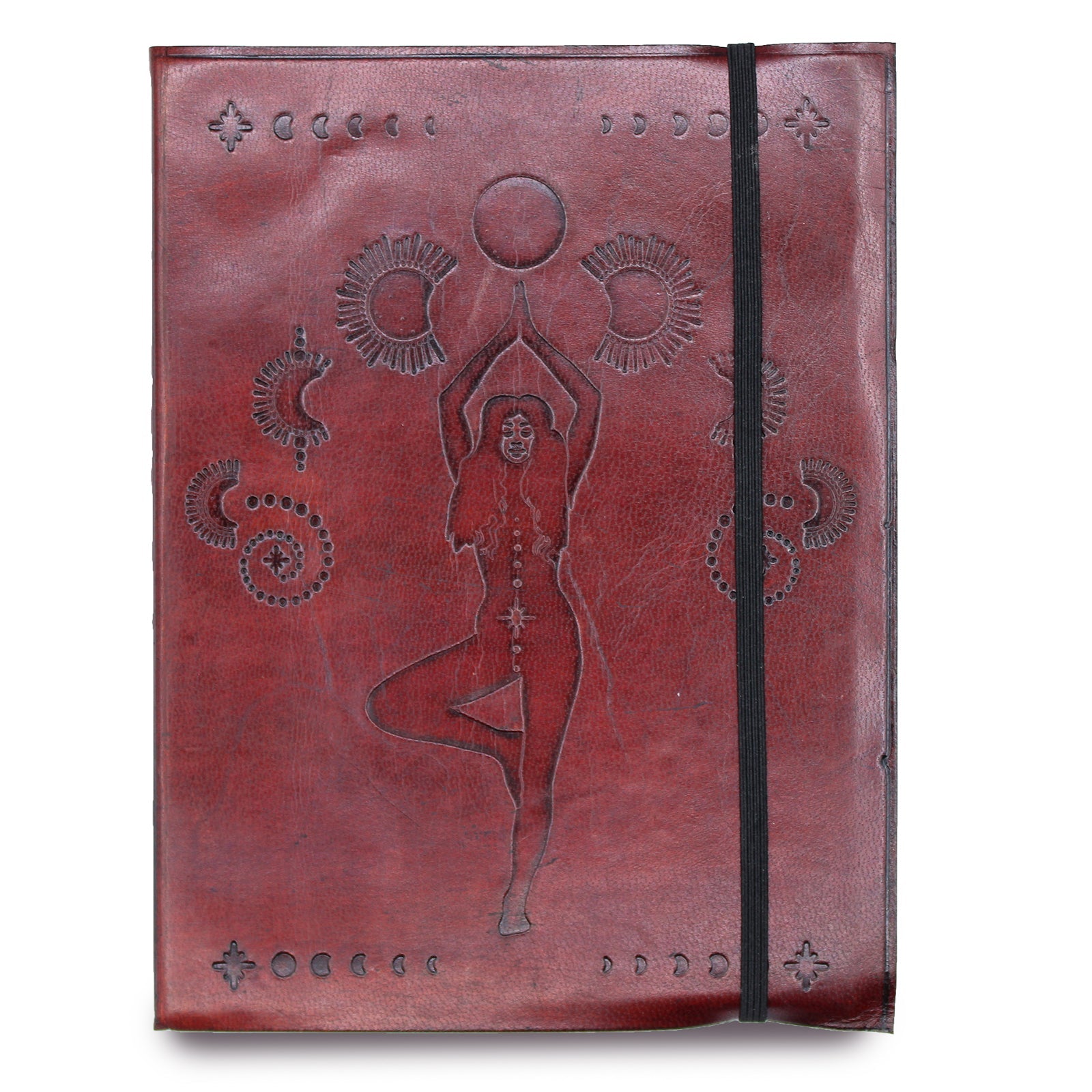 Handmade Vegetable Tanned Leather-Bound Eco-Friendly Notebook with Wrap - Large / Burgundy / Cosmic Goddess product packaging on clean background from Quintessential Holistic Health Ltd