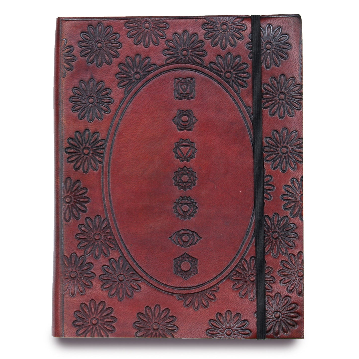 Handmade Vegetable Tanned Leather-Bound Eco-Friendly Notebook with Wrap - Large / Burgundy / Chakra Mandala product packaging on clean background from Quintessential Holistic Health Ltd