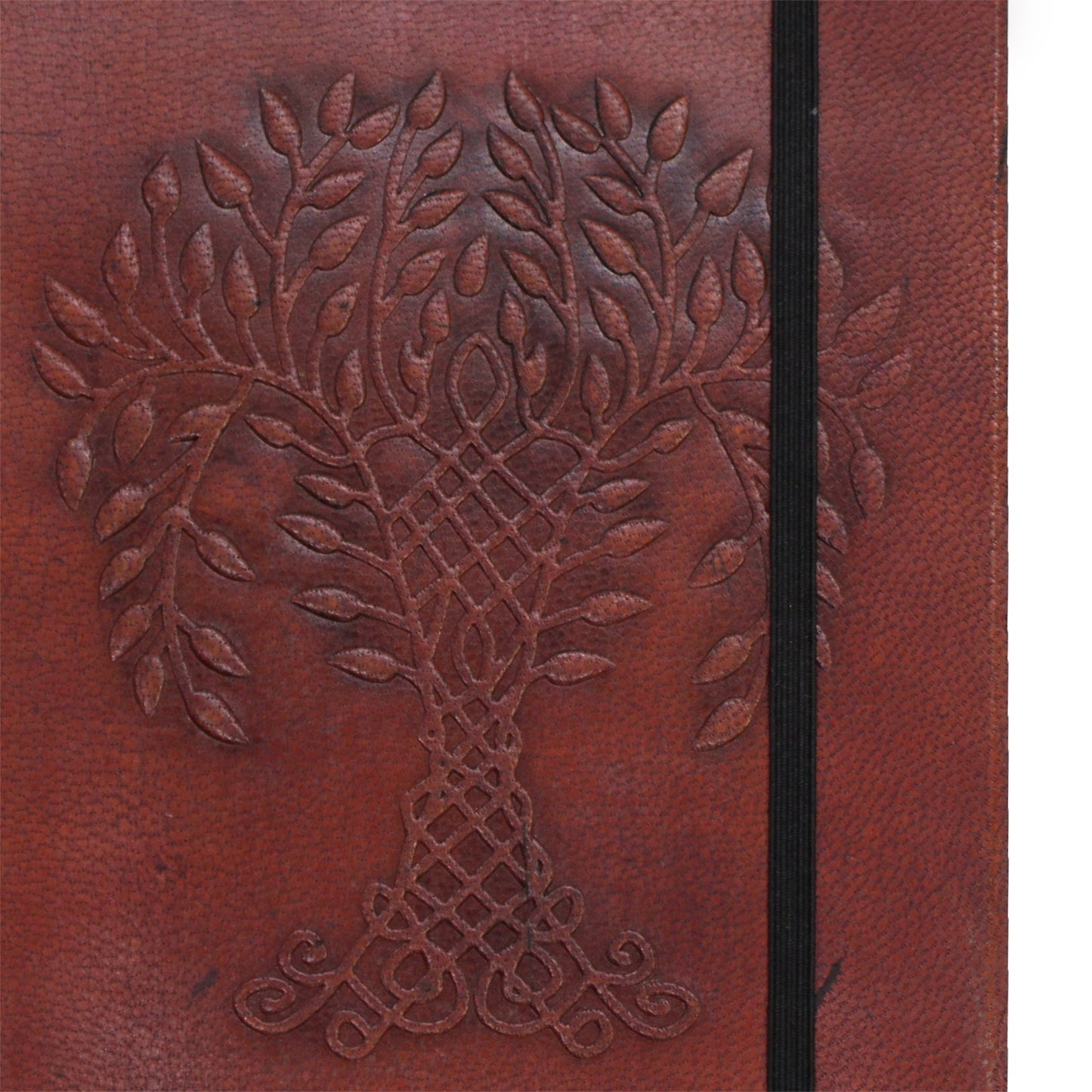 Handmade Vegetable Tanned Leather-Bound Eco-Friendly Notebook with Wrap - Medium / Burgundy / Tree of Life product packaging on clean background from Quintessential Holistic Health Ltd