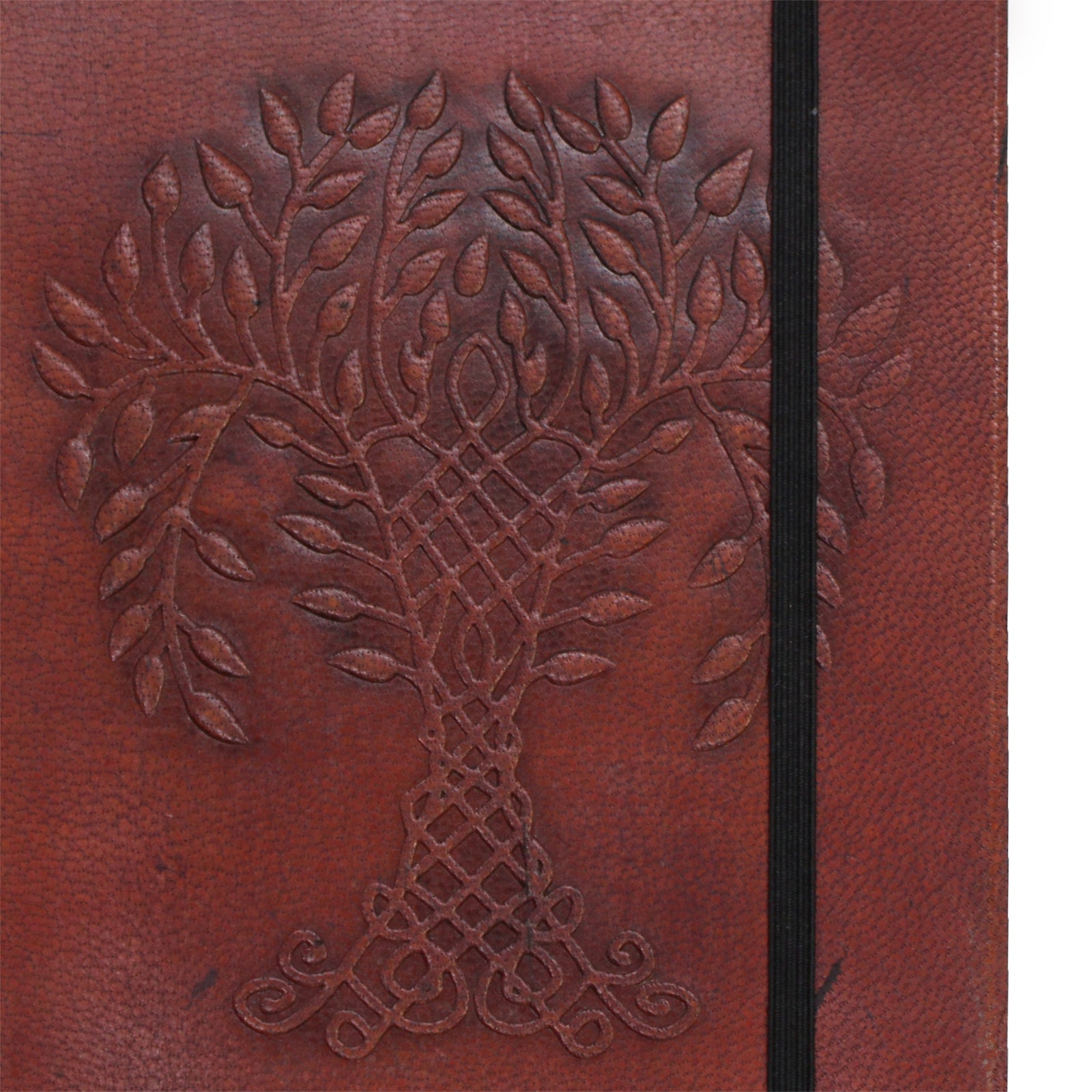 Handmade Vegetable Tanned Leather-Bound Eco-Friendly Notebook with Wrap - Medium / Burgundy / Tree of Life product packaging on clean background from Quintessential Holistic Health Ltd