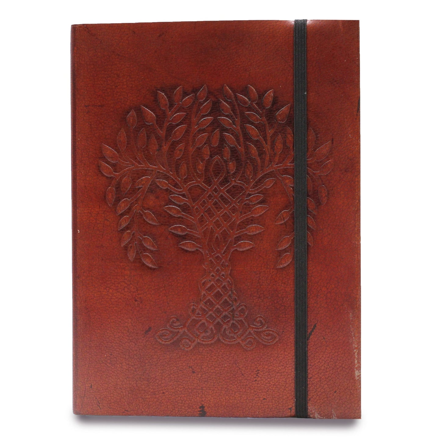 Handmade Vegetable Tanned Leather-Bound Eco-Friendly Notebook with Wrap - Medium / Burgundy / Tree of Life product packaging on clean background from Quintessential Holistic Health Ltd