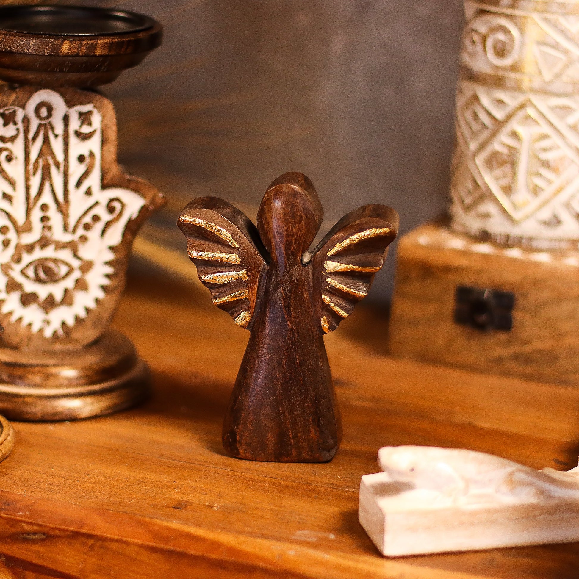 Hand Carved Mango Wooden Angel - Small / Gold Decor product packaging on clean background from Quintessential Holistic Health Ltd