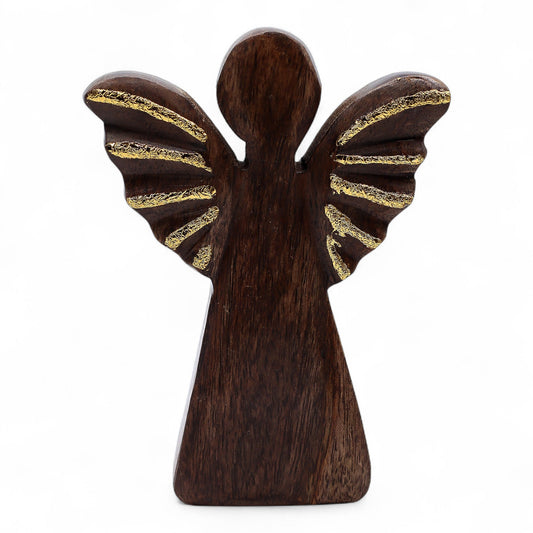 Hand Carved Mango Wooden Angel - Medium / Gold Decor product packaging on clean background from Quintessential Holistic Health Ltd