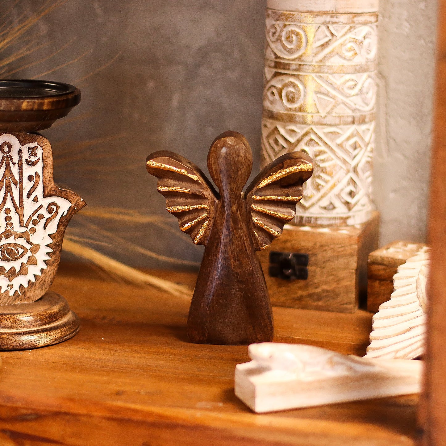 Hand Carved Mango Wooden Angel - Medium / Gold Decor product packaging on clean background from Quintessential Holistic Health Ltd