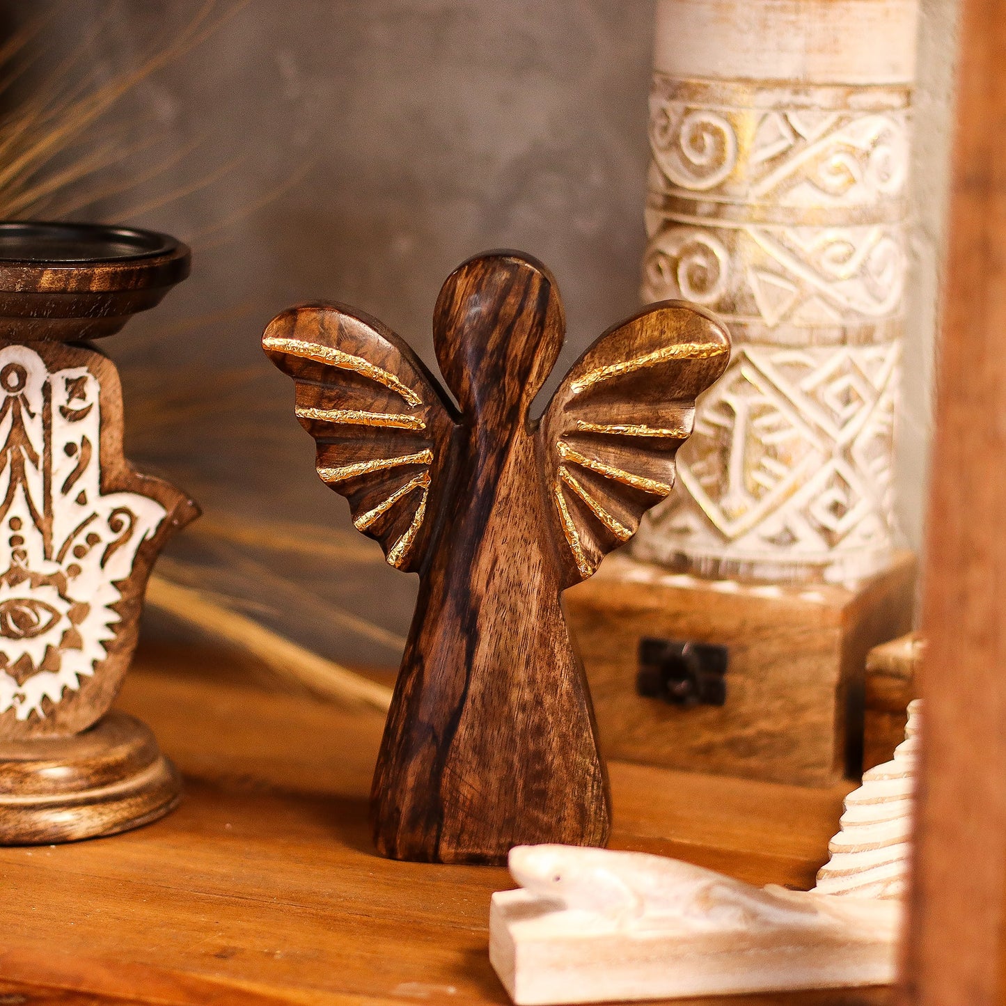 Hand Carved Mango Wooden Angel - Large / Gold Decor product packaging on clean background from Quintessential Holistic Health Ltd