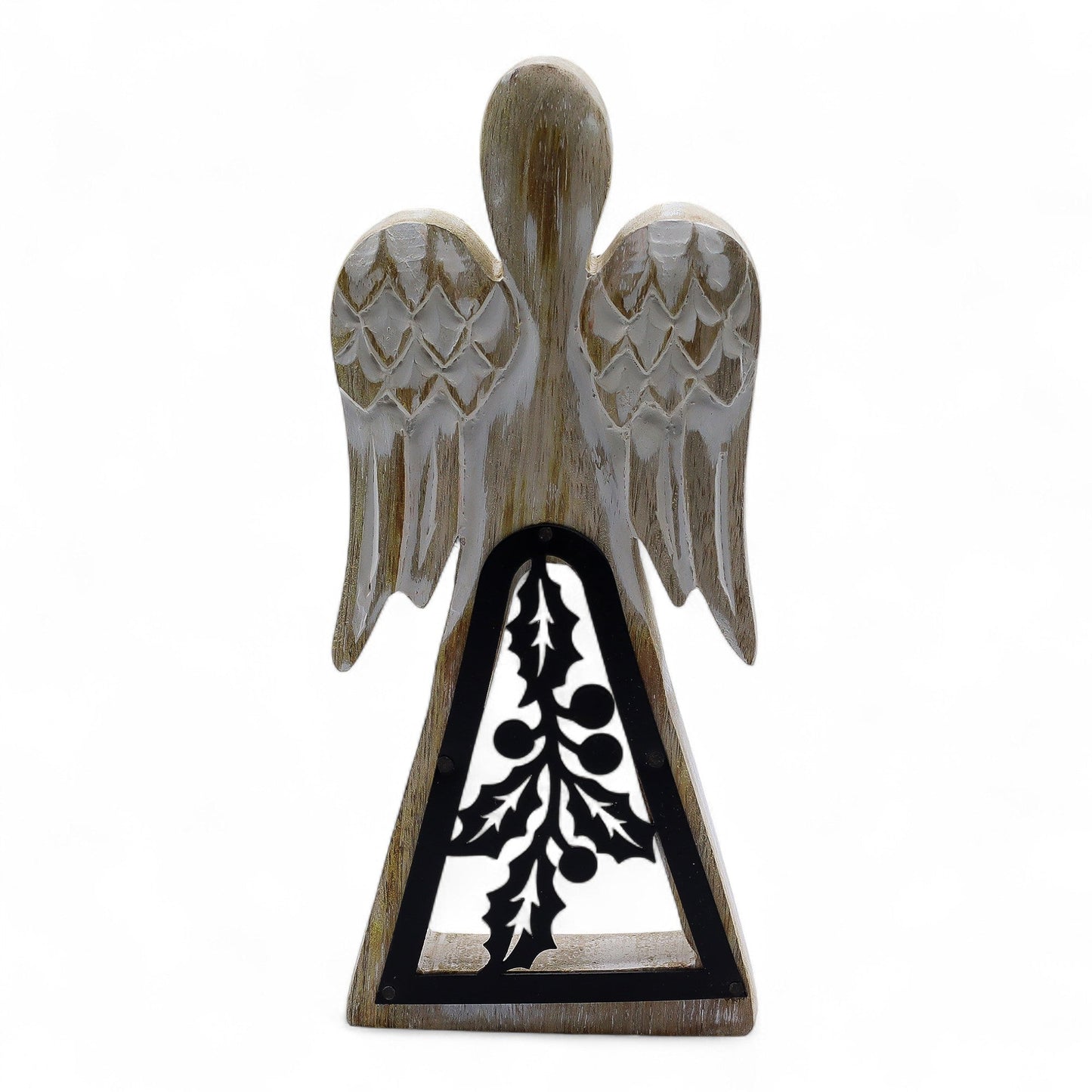 Hand Carved Mango Wooden Angel and Iron Holly - Whitewash product packaging on clean background from Quintessential Holistic Health Ltd