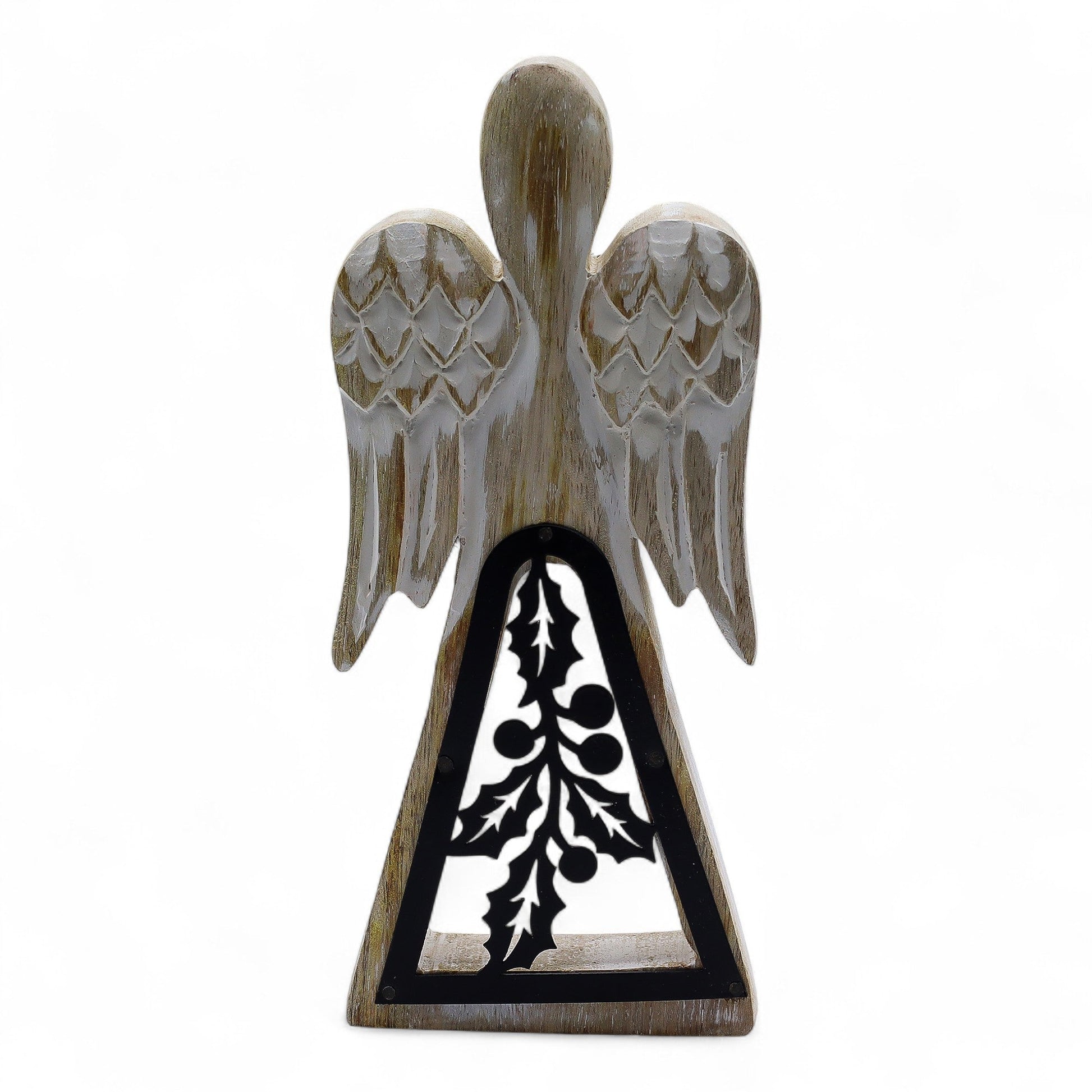 Hand Carved Mango Wooden Angel and Iron Holly - Whitewash product packaging on clean background from Quintessential Holistic Health Ltd