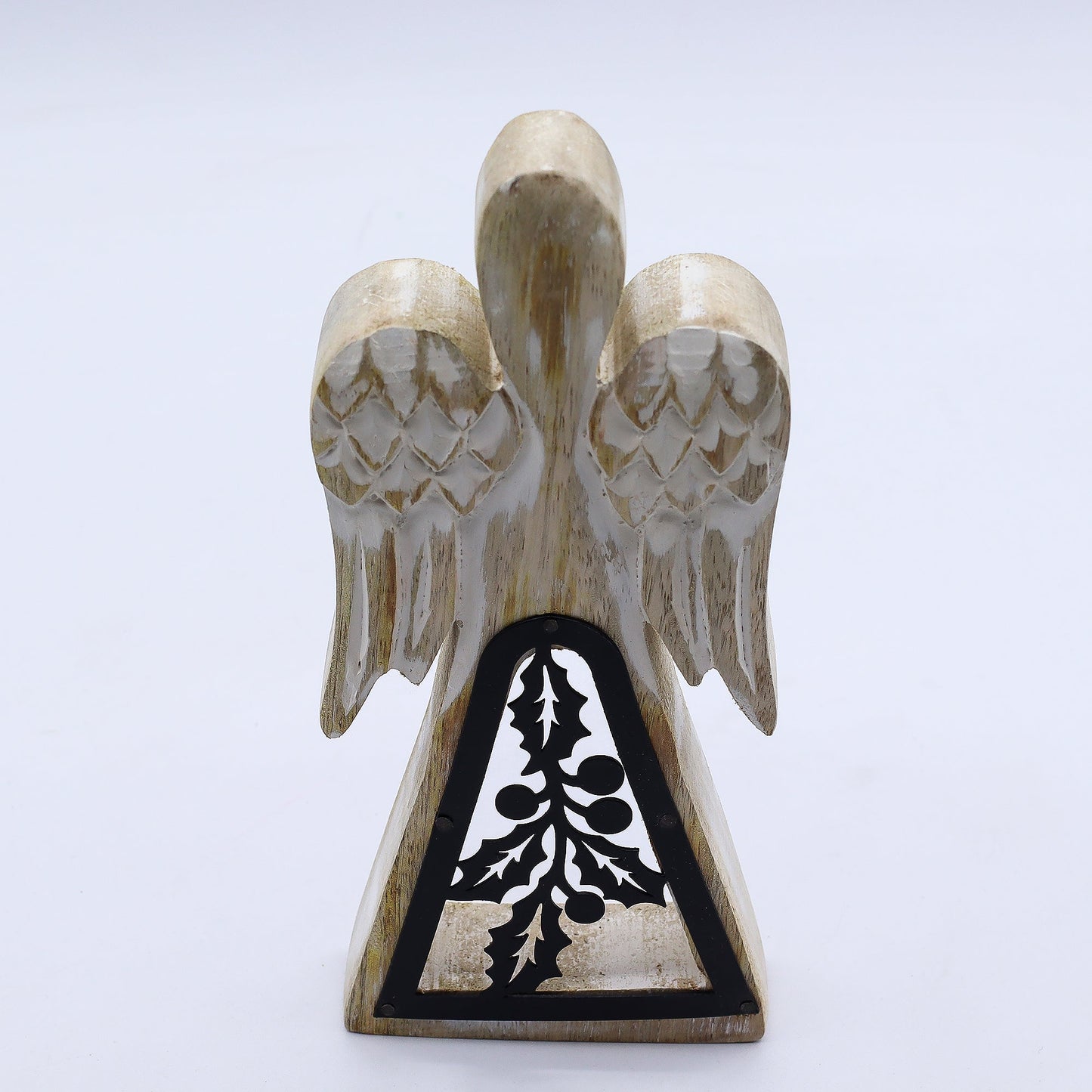 Hand Carved Mango Wooden Angel and Iron Holly - Whitewash product packaging on clean background from Quintessential Holistic Health Ltd