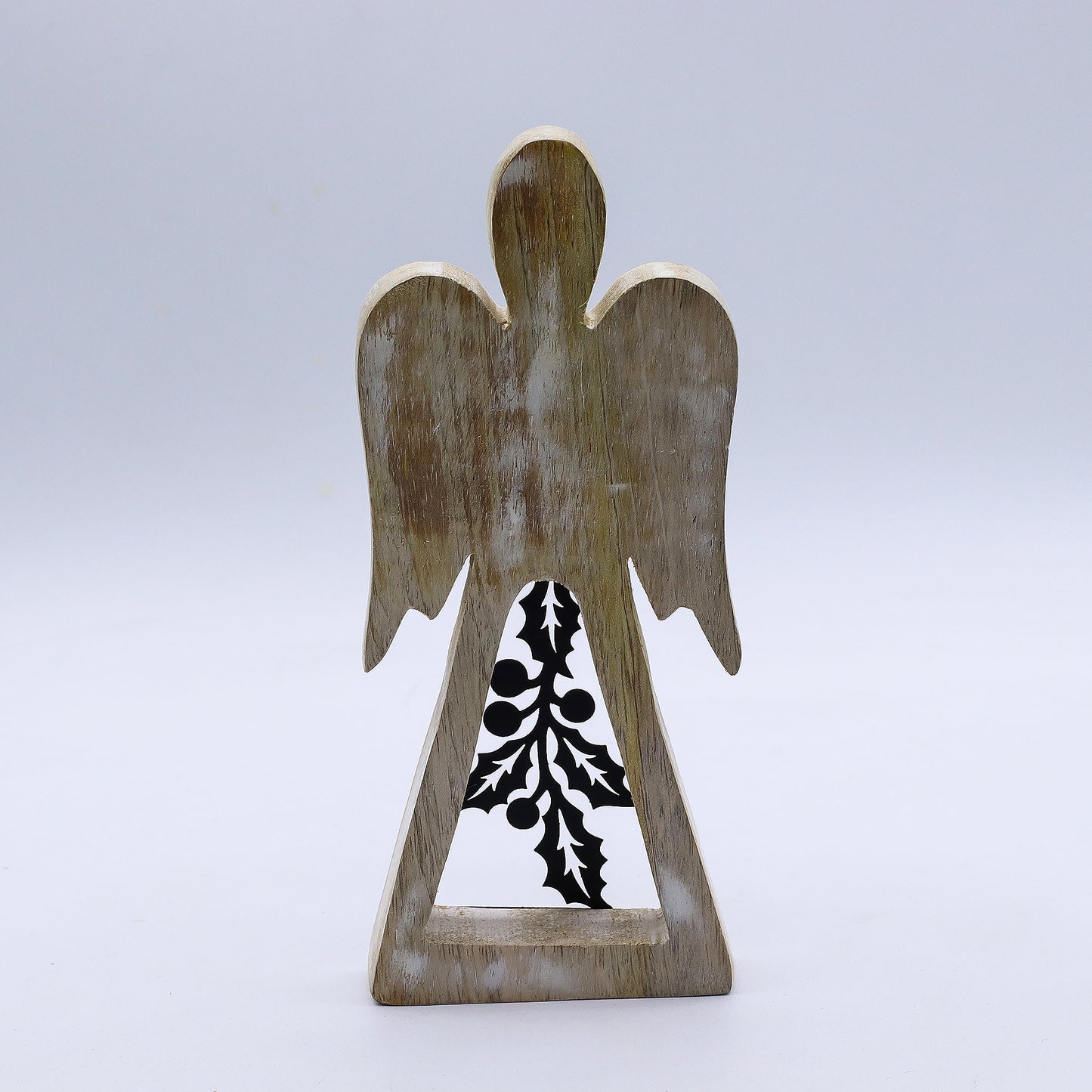 Hand Carved Mango Wooden Angel and Iron Holly - Whitewash product packaging on clean background from Quintessential Holistic Health Ltd