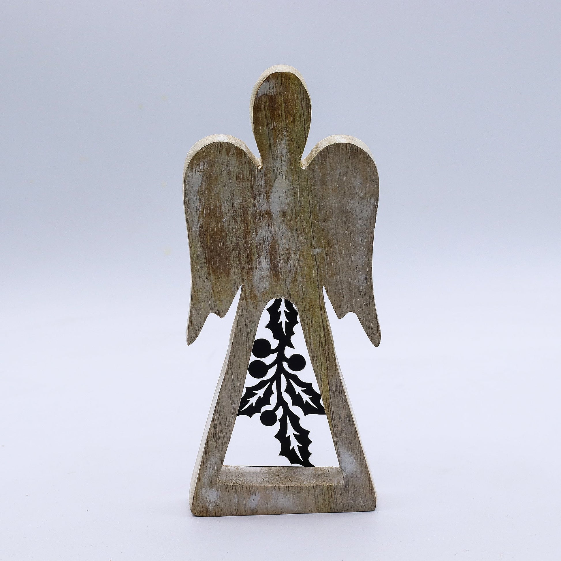 Hand Carved Mango Wooden Angel and Iron Holly - Whitewash product packaging on clean background from Quintessential Holistic Health Ltd