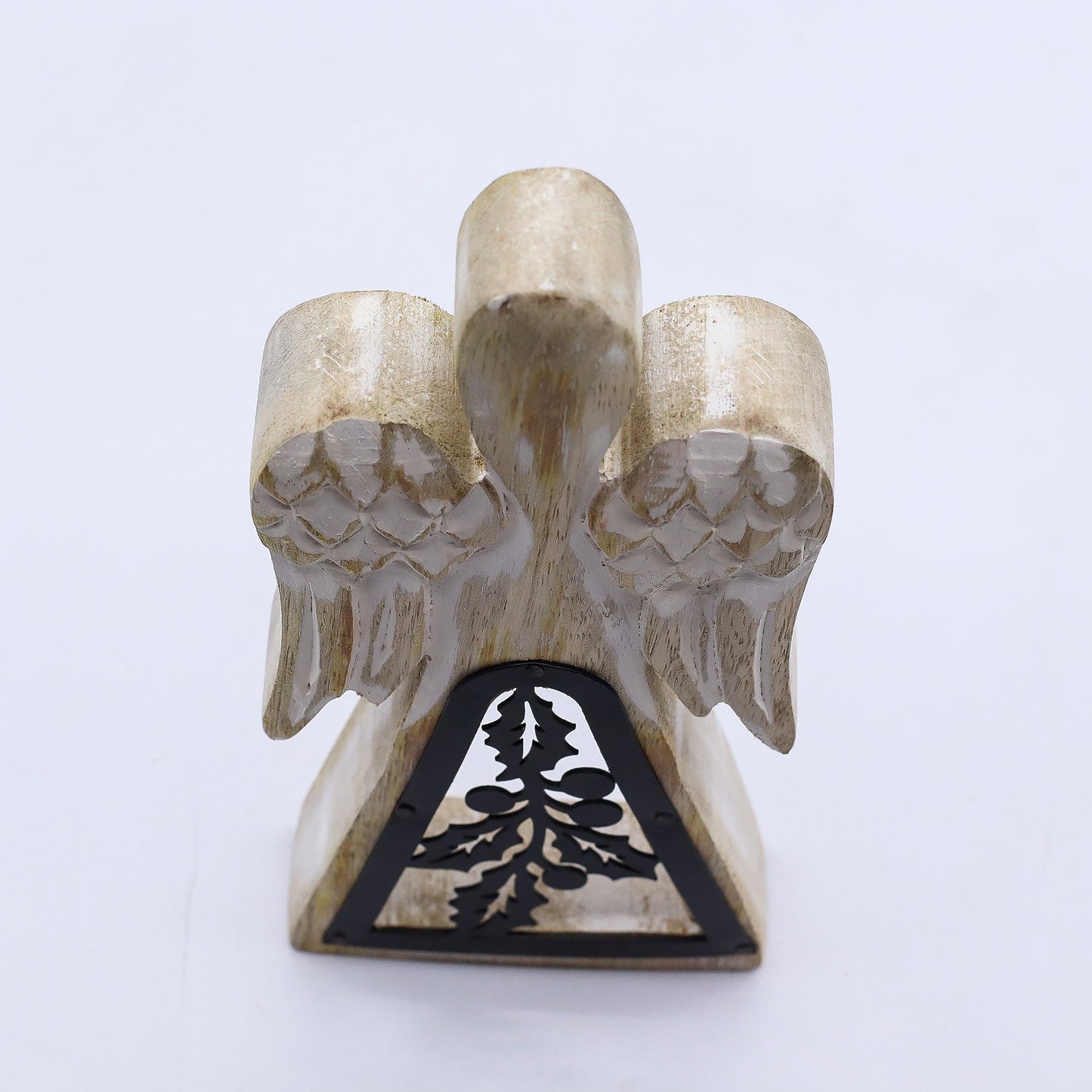 Hand Carved Mango Wooden Angel and Iron Holly - Whitewash product packaging on clean background from Quintessential Holistic Health Ltd
