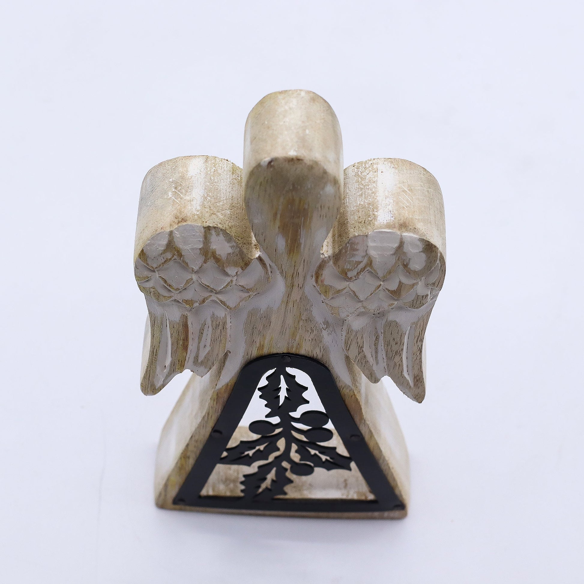 Hand Carved Mango Wooden Angel and Iron Holly - Whitewash product packaging on clean background from Quintessential Holistic Health Ltd