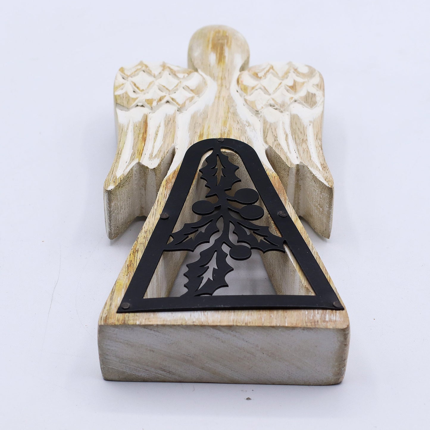 Hand Carved Mango Wooden Angel and Iron Holly - Whitewash product packaging on clean background from Quintessential Holistic Health Ltd