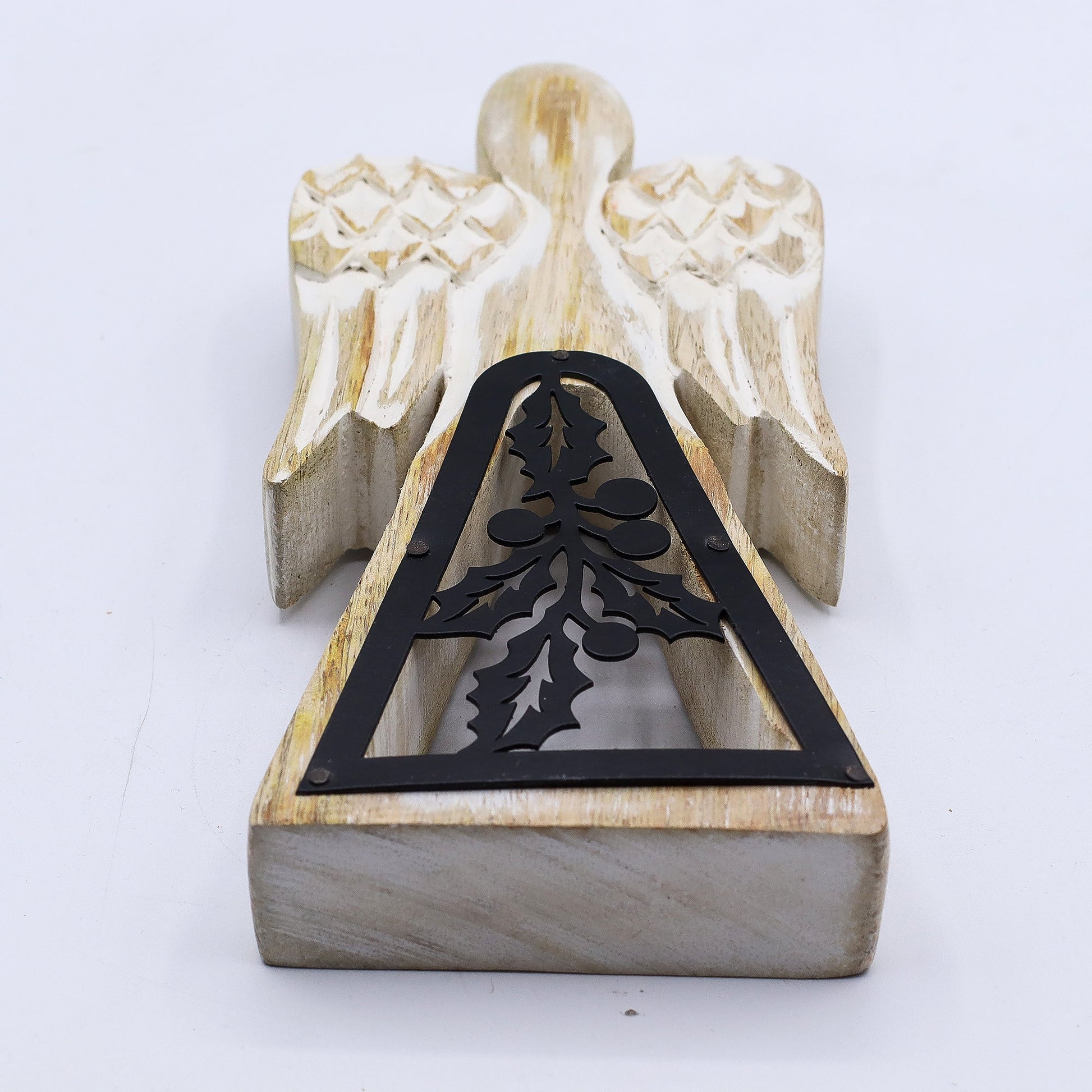 Hand Carved Mango Wooden Angel and Iron Holly - Whitewash product packaging on clean background from Quintessential Holistic Health Ltd