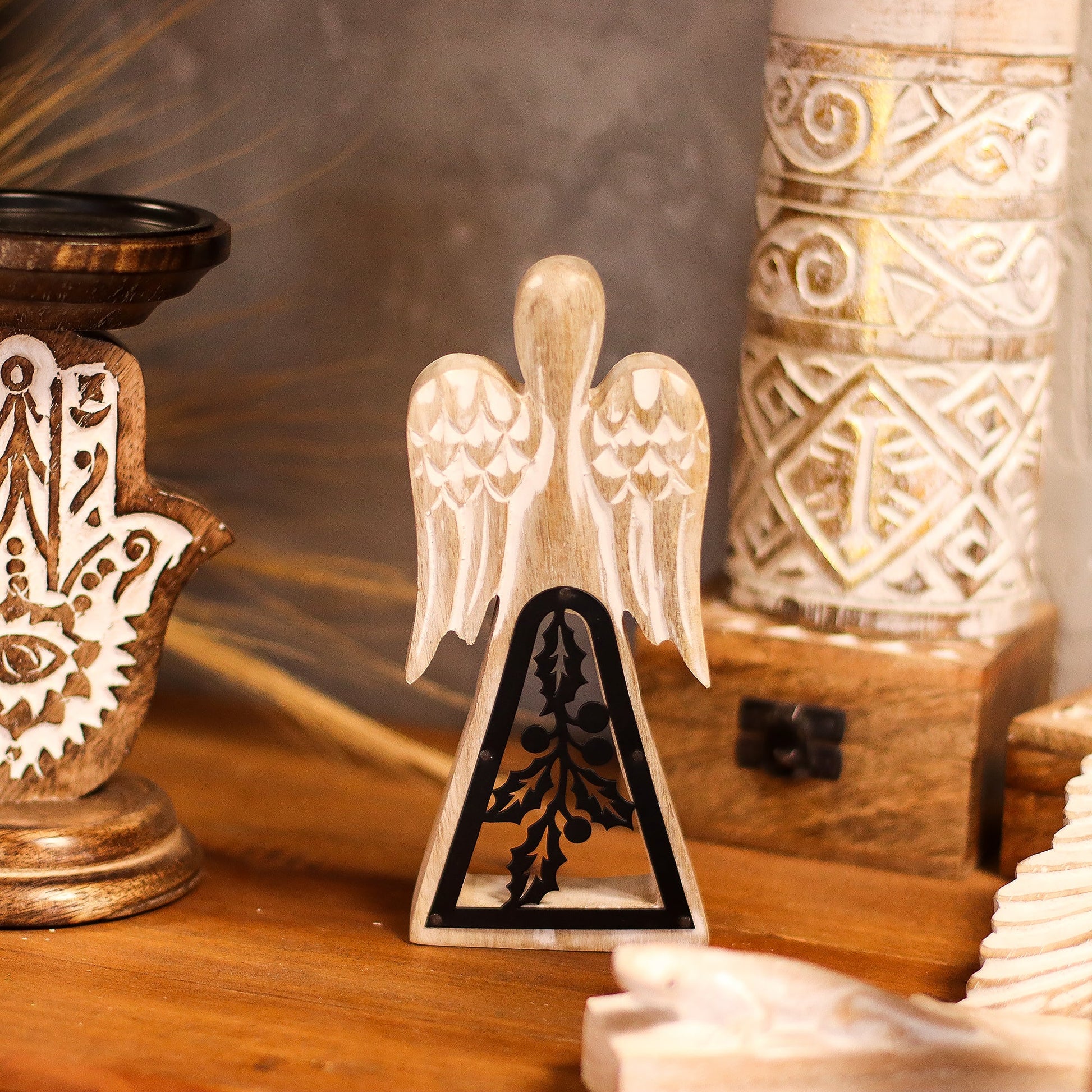 Hand Carved Mango Wooden Angel and Iron Holly - Whitewash product packaging on clean background from Quintessential Holistic Health Ltd