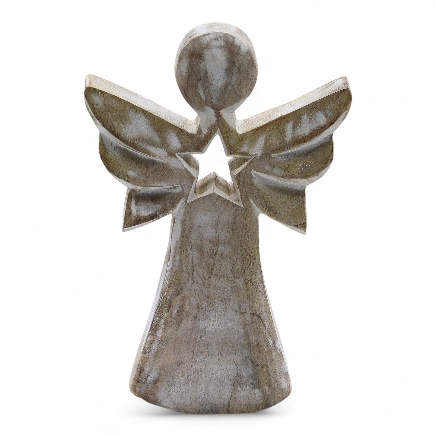 Hand Carved Mango Wooden Star Angel - Whitewash product packaging on clean background from Quintessential Holistic Health Ltd