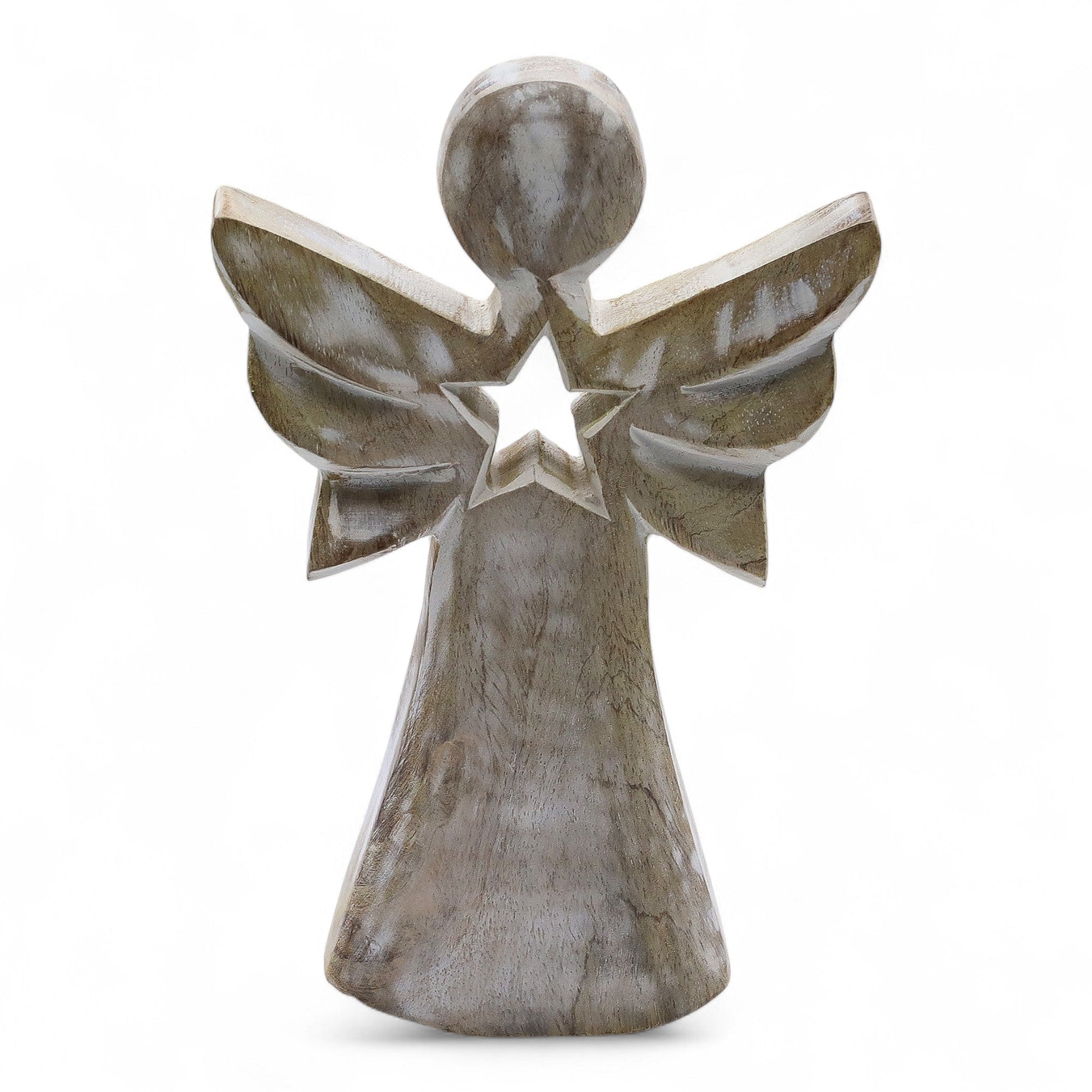 Hand Carved Mango Wooden Star Angel - Whitewash product packaging on clean background from Quintessential Holistic Health Ltd