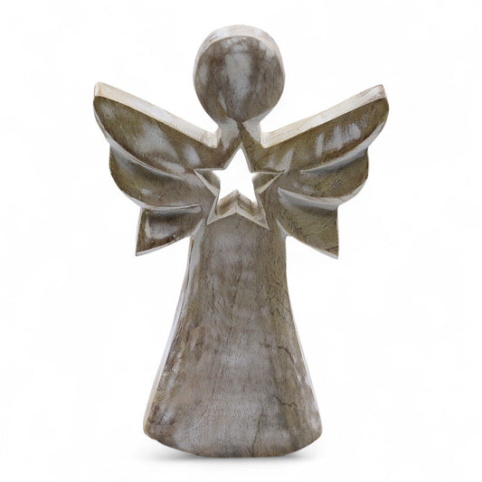 Hand Carved Mango Wooden Star Angel - Whitewash product packaging on clean background from Quintessential Holistic Health Ltd