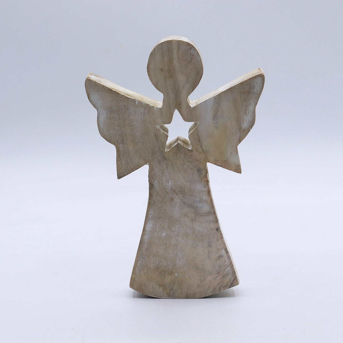 Hand Carved Mango Wooden Star Angel - Whitewash product packaging on clean background from Quintessential Holistic Health Ltd