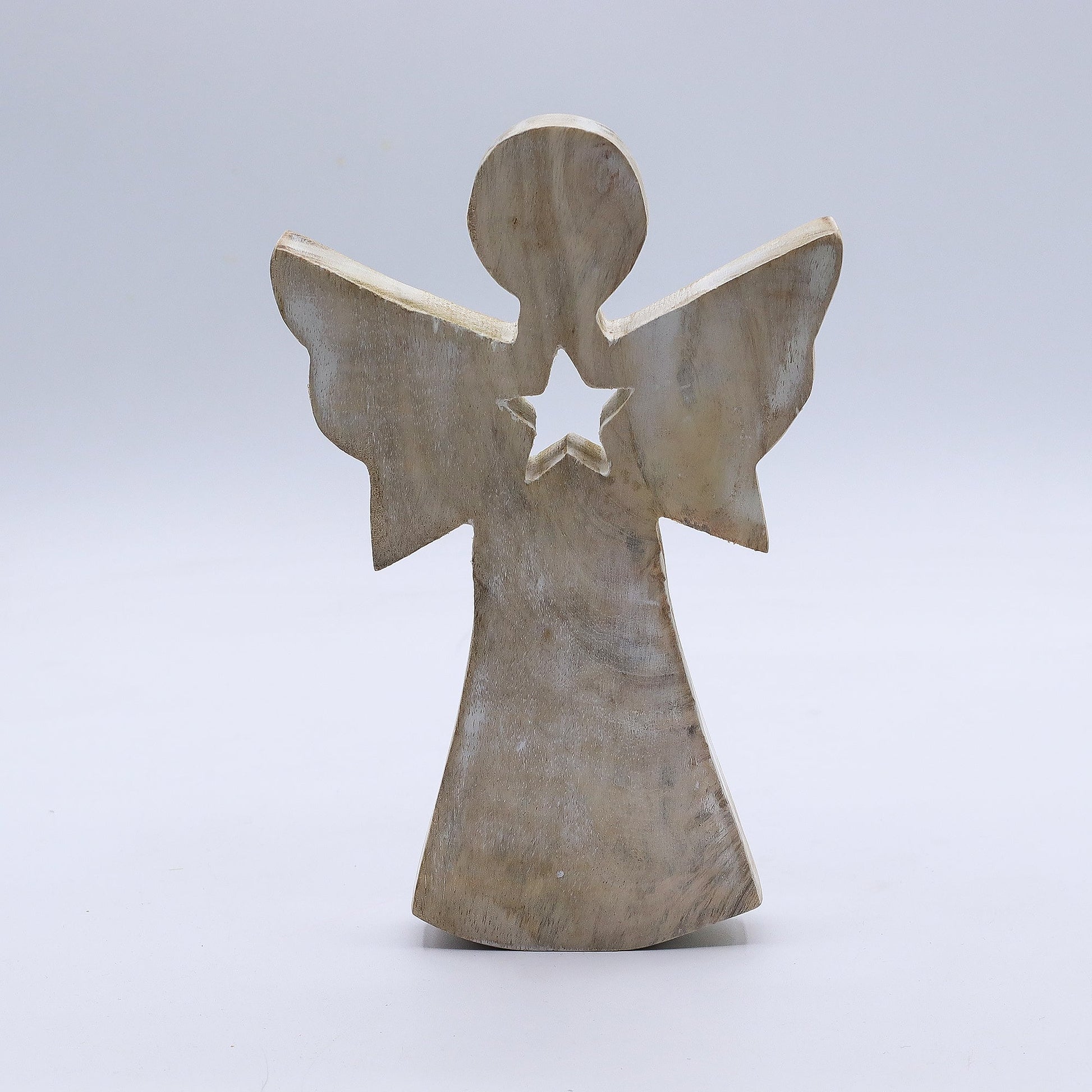 Hand Carved Mango Wooden Star Angel - Whitewash product packaging on clean background from Quintessential Holistic Health Ltd