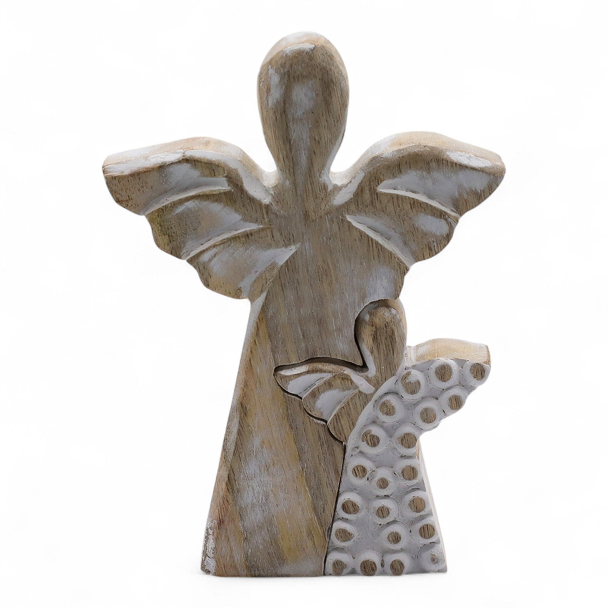 Hand Carved Mango Wood Angel and Child - Whitewash product packaging on clean background from Quintessential Holistic Health Ltd