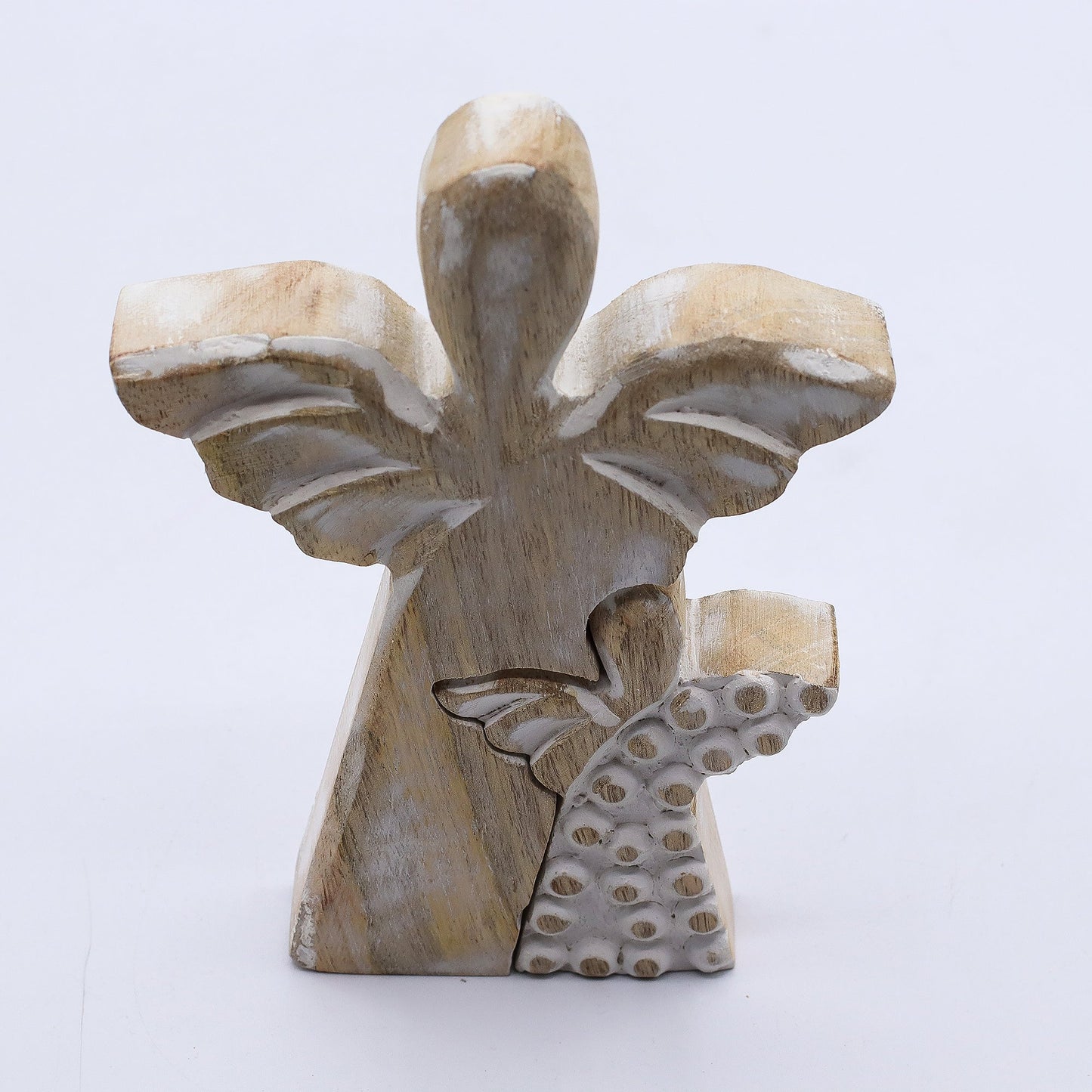 Hand Carved Mango Wood Angel and Child - Whitewash product packaging on clean background from Quintessential Holistic Health Ltd