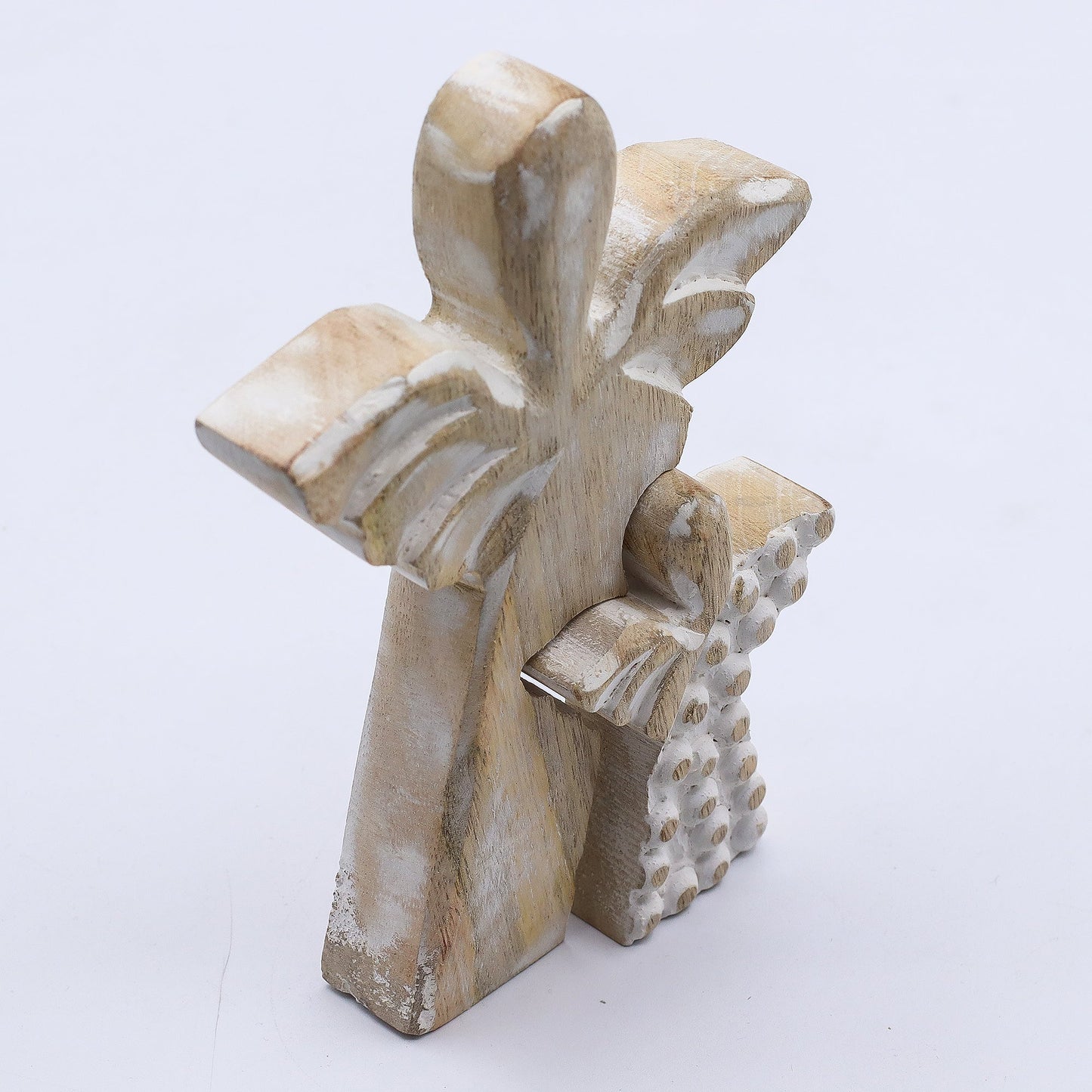 Hand Carved Mango Wood Angel and Child - Whitewash product packaging on clean background from Quintessential Holistic Health Ltd