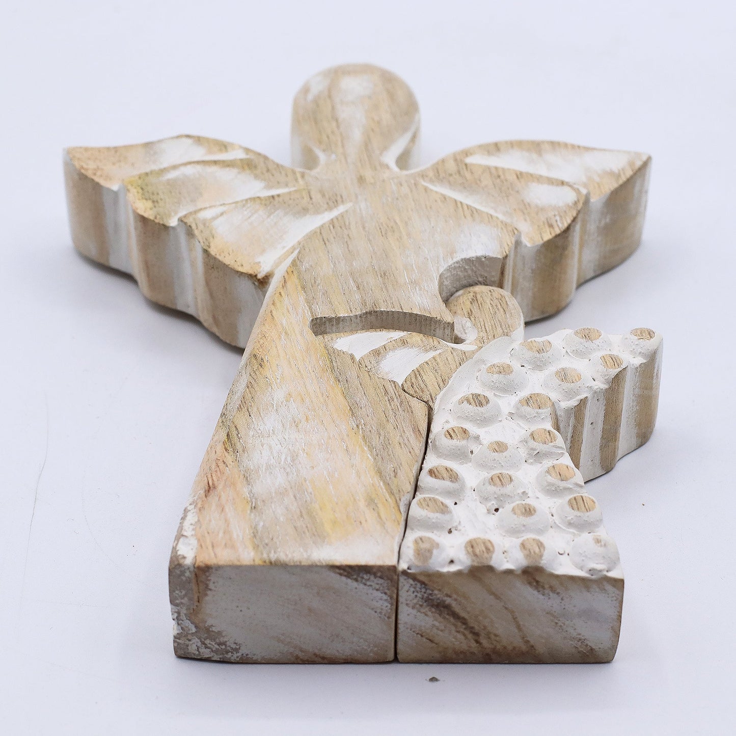 Hand Carved Mango Wood Angel and Child - Whitewash product packaging on clean background from Quintessential Holistic Health Ltd