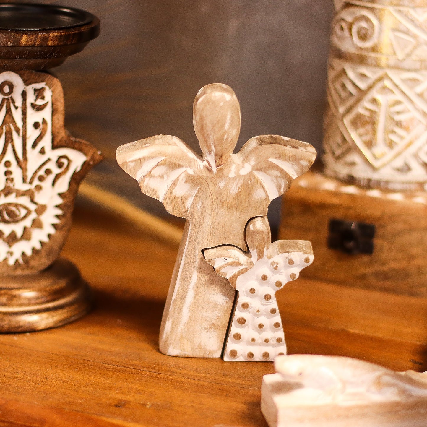 Hand Carved Mango Wood Angel and Child - Whitewash product packaging on clean background from Quintessential Holistic Health Ltd