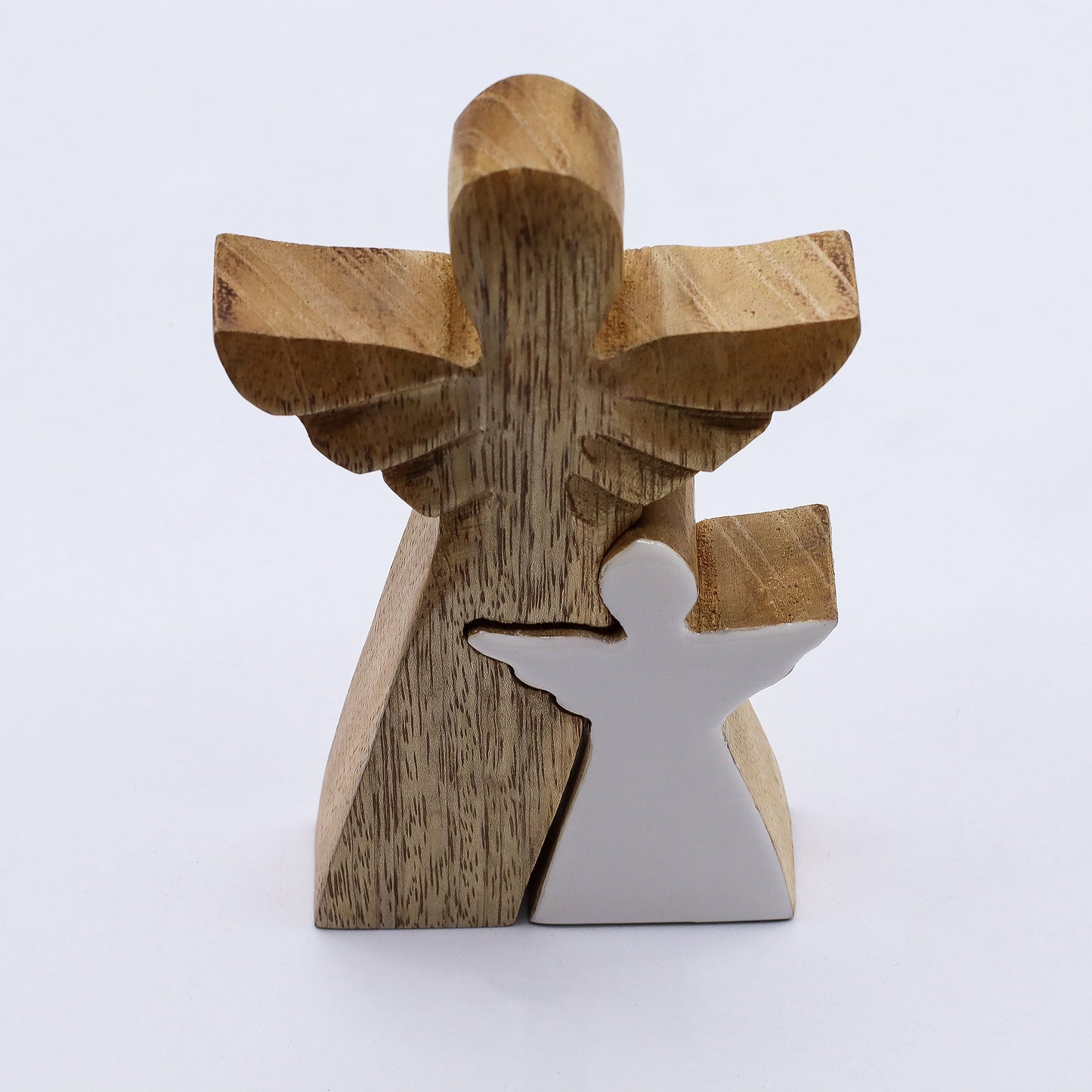 Hand Carved Mango Wooden Angel and Child - Side / Natural / White Enamel product packaging on clean background from Quintessential Holistic Health Ltd