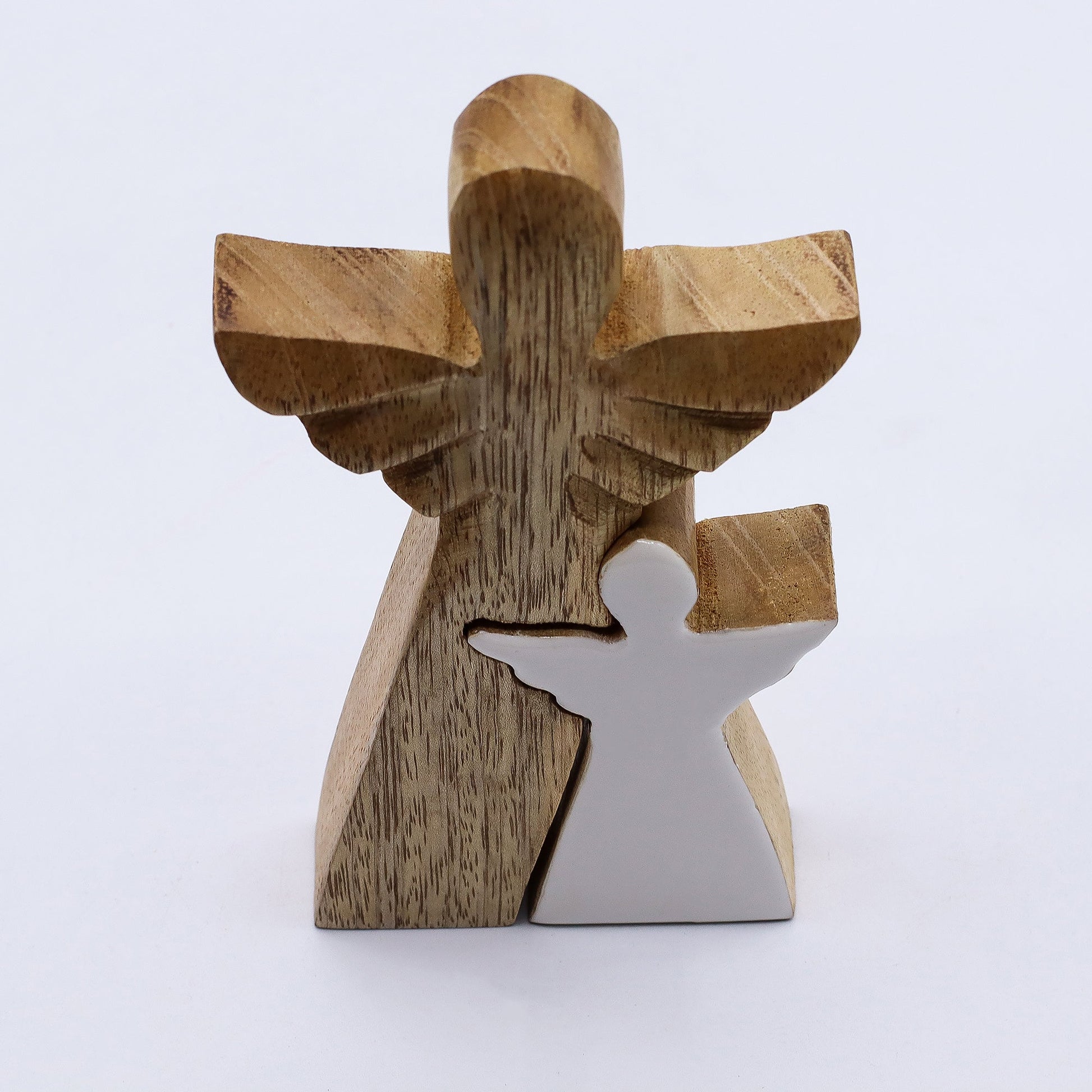 Hand Carved Mango Wooden Angel and Child - Side / Natural / White Enamel product packaging on clean background from Quintessential Holistic Health Ltd