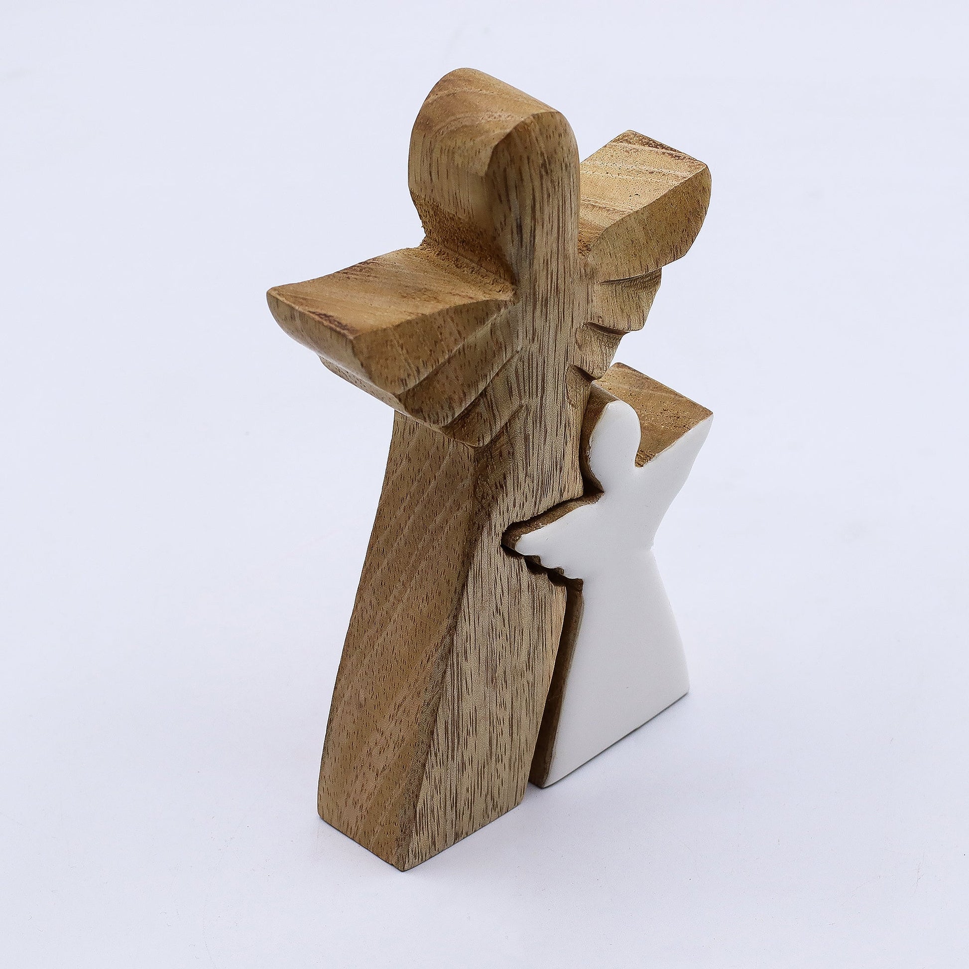 Hand Carved Mango Wooden Angel and Child - Side / Natural / White Enamel product packaging on clean background from Quintessential Holistic Health Ltd