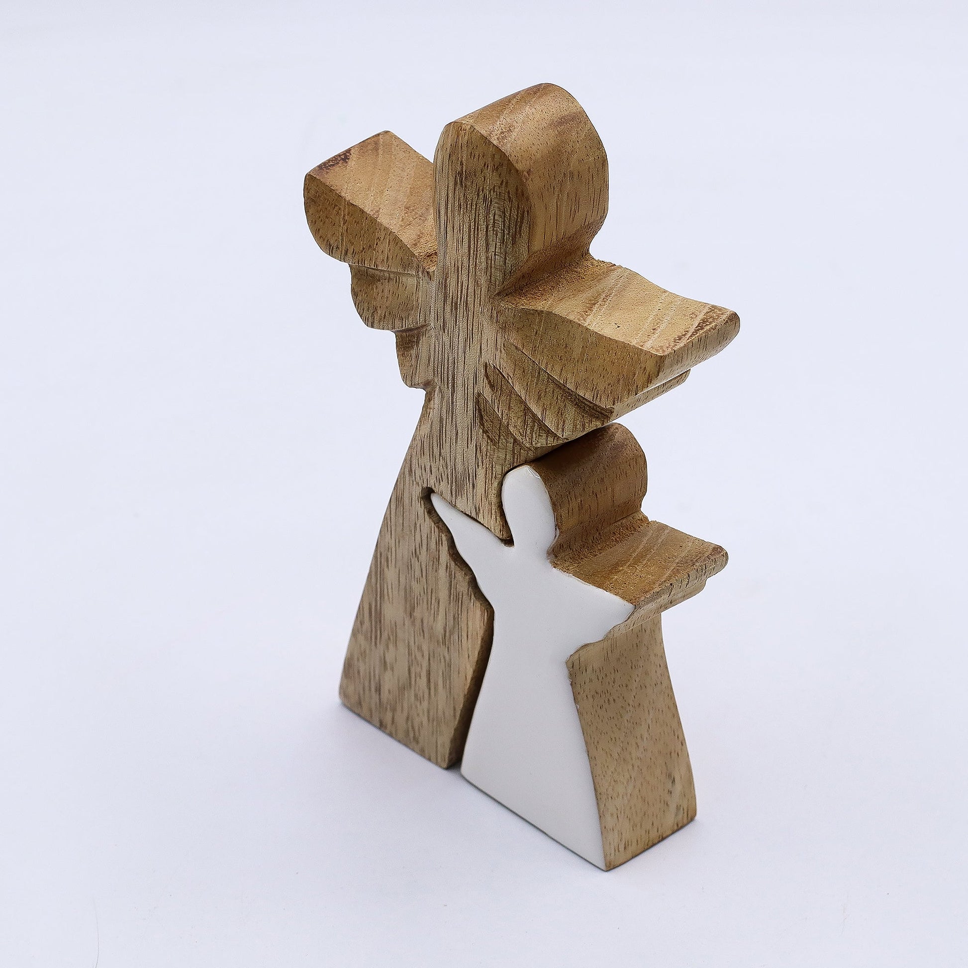 Hand Carved Mango Wooden Angel and Child - Side / Natural / White Enamel product packaging on clean background from Quintessential Holistic Health Ltd