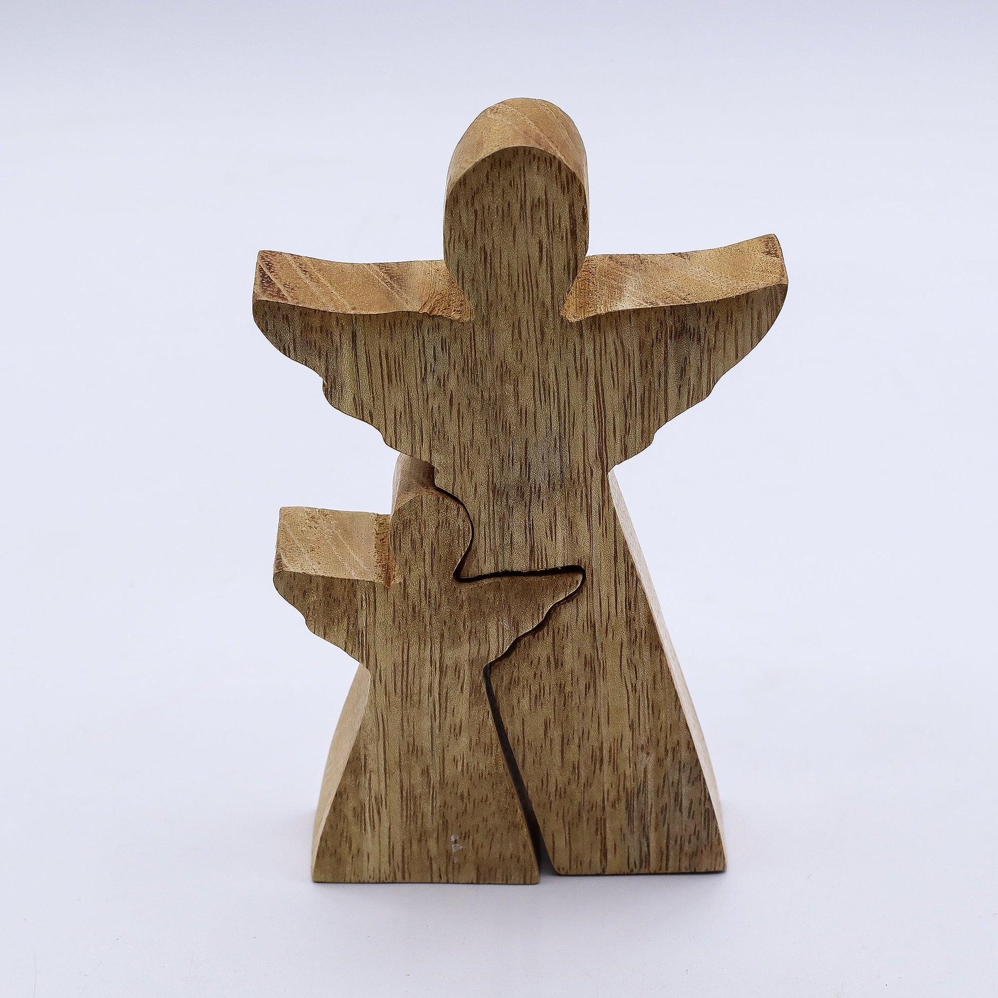 Hand Carved Mango Wooden Angel and Child - Side / Natural / White Enamel product packaging on clean background from Quintessential Holistic Health Ltd