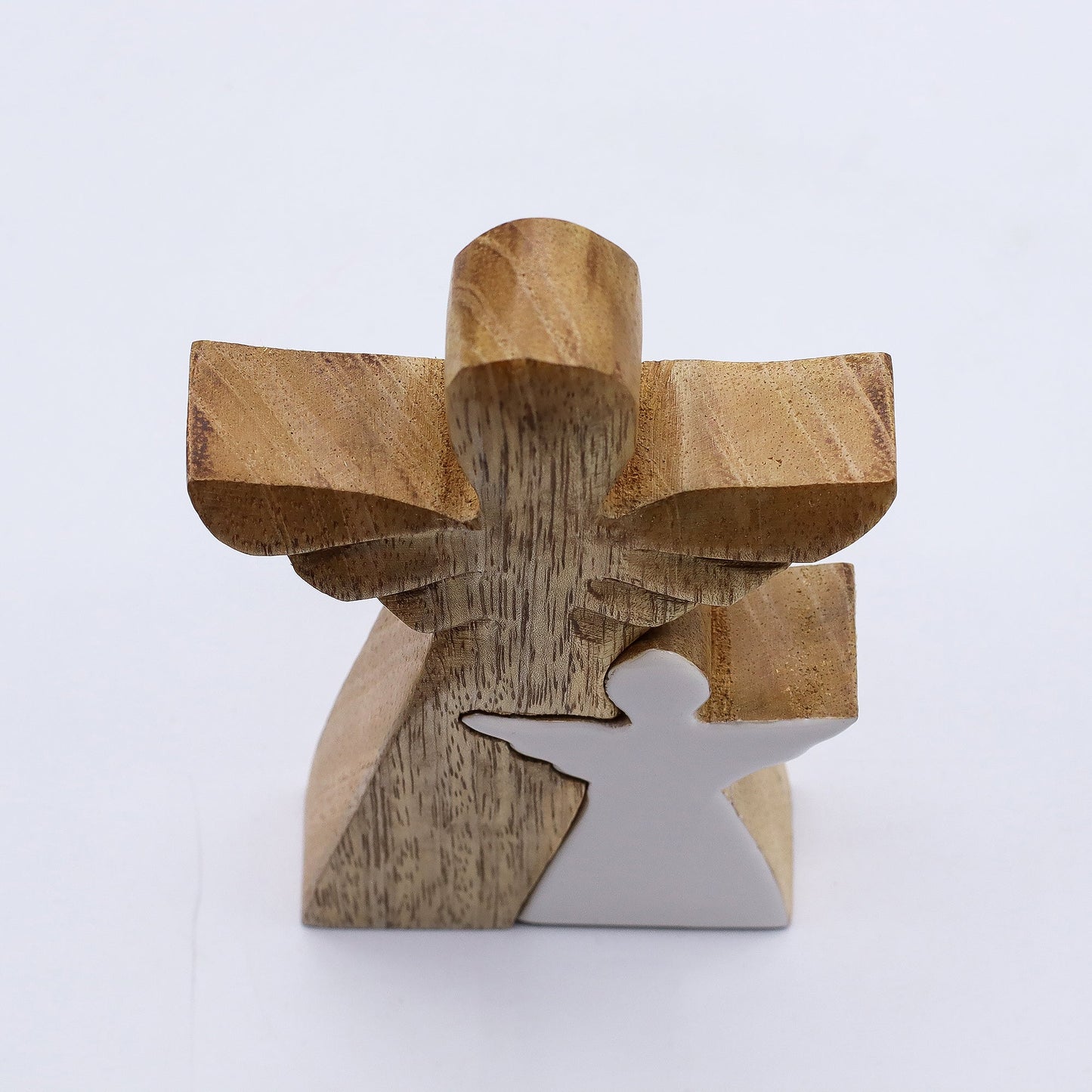 Hand Carved Mango Wooden Angel and Child - Side / Natural / White Enamel product packaging on clean background from Quintessential Holistic Health Ltd