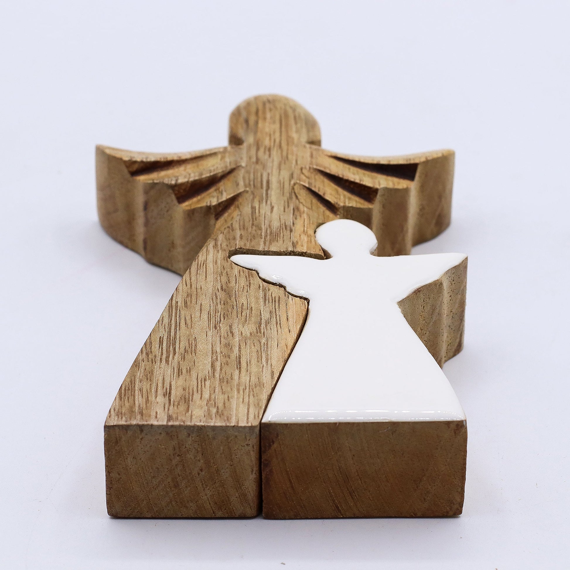 Hand Carved Mango Wooden Angel and Child - Side / Natural / White Enamel product packaging on clean background from Quintessential Holistic Health Ltd