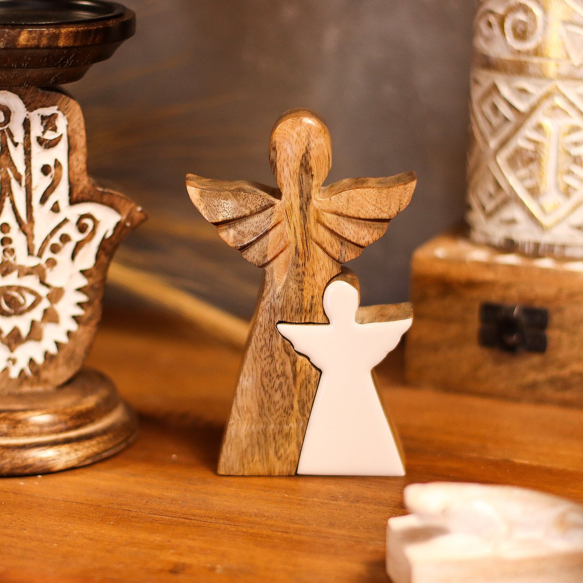 Hand Carved Mango Wooden Angel and Child - Side / Natural / White Enamel product packaging on clean background from Quintessential Holistic Health Ltd