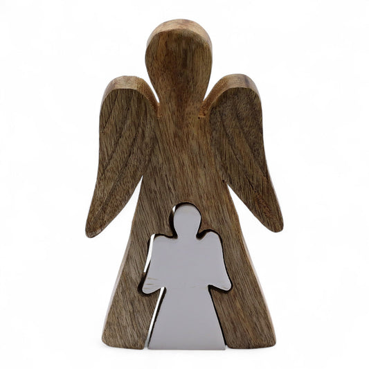 Hand Carved Mango Wooden Angel and Child - Centre / Natural / White Enamel product packaging on clean background from Quintessential Holistic Health Ltd