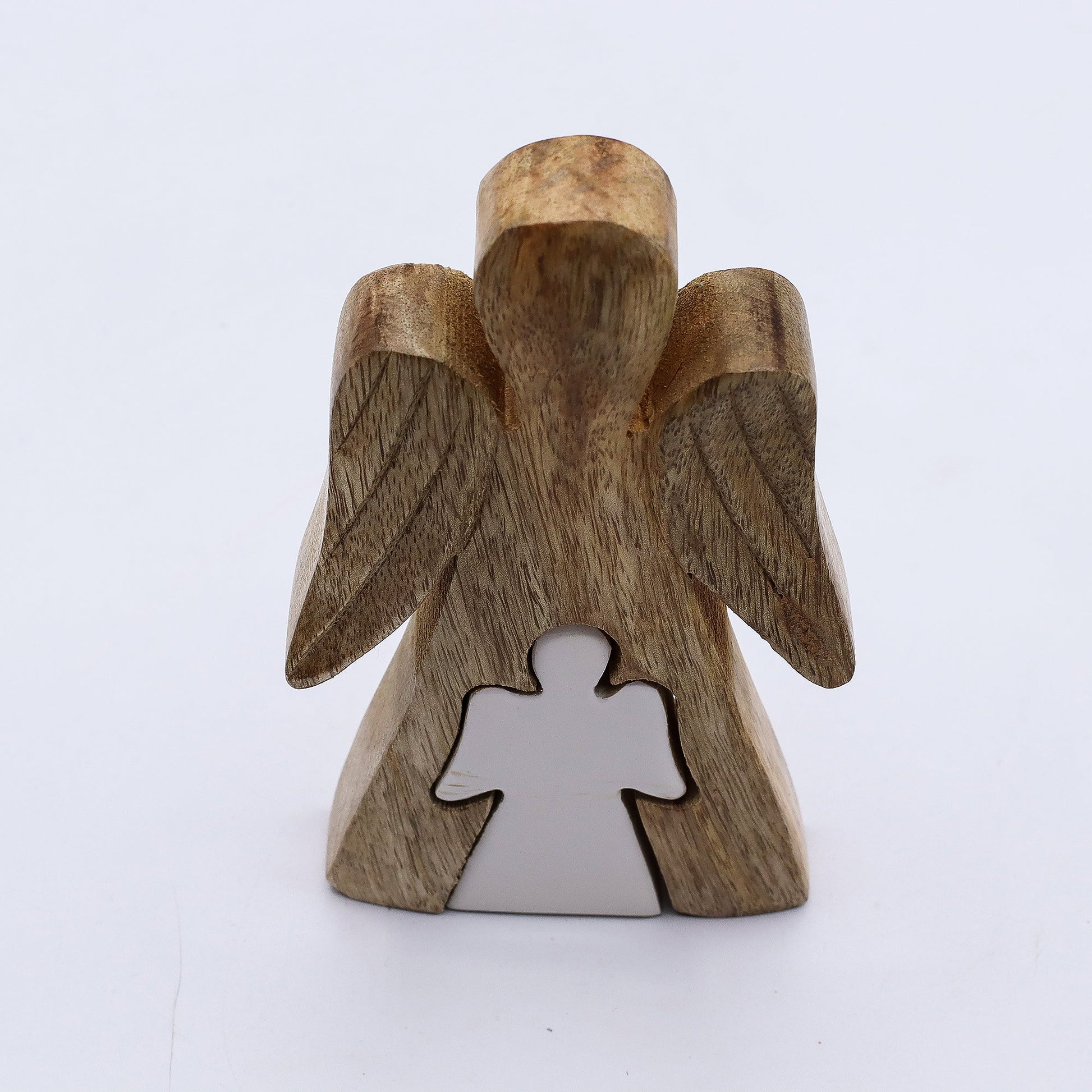 Hand Carved Mango Wooden Angel and Child - Centre / Natural / White Enamel product packaging on clean background from Quintessential Holistic Health Ltd