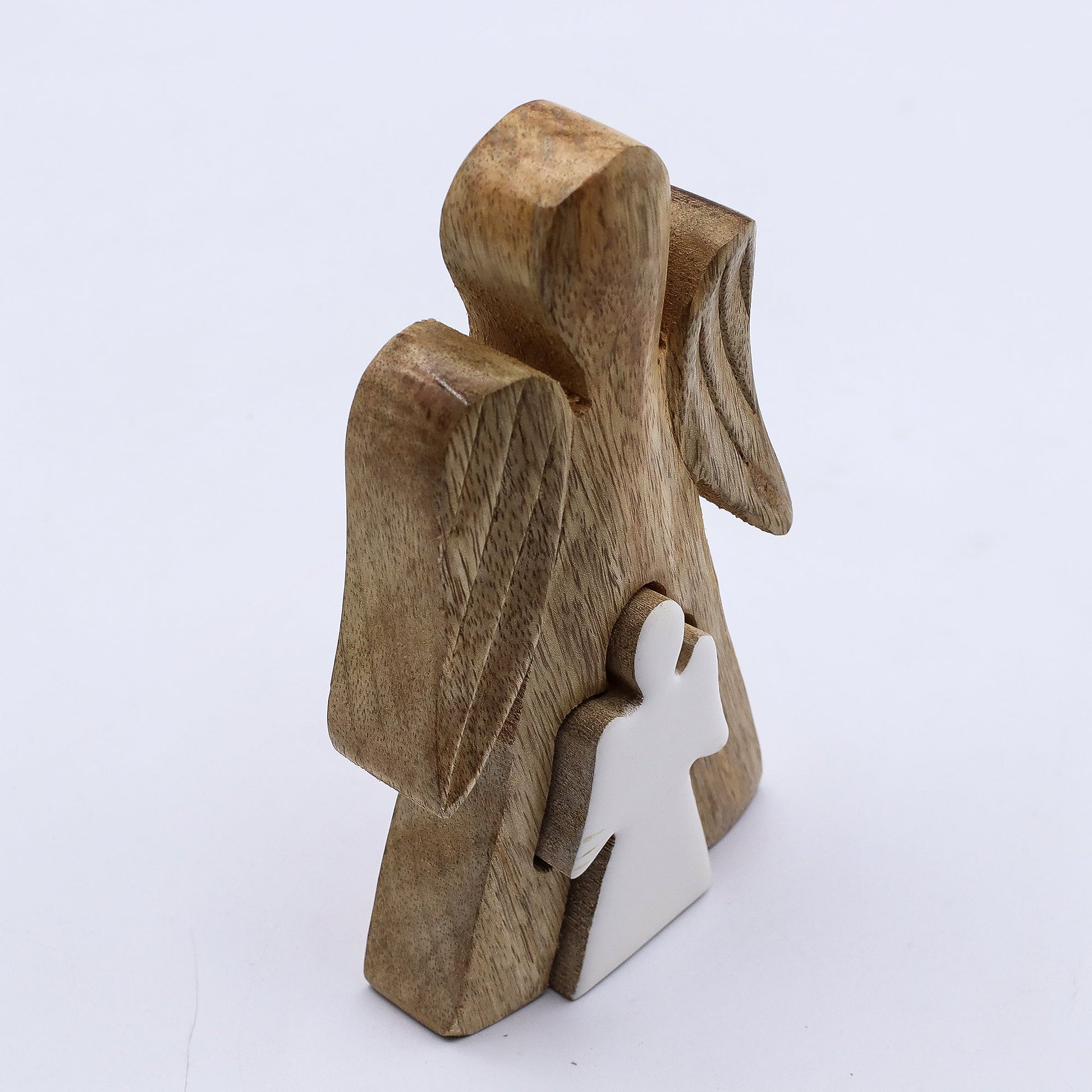 Hand Carved Mango Wooden Angel and Child - Centre / Natural / White Enamel product packaging on clean background from Quintessential Holistic Health Ltd