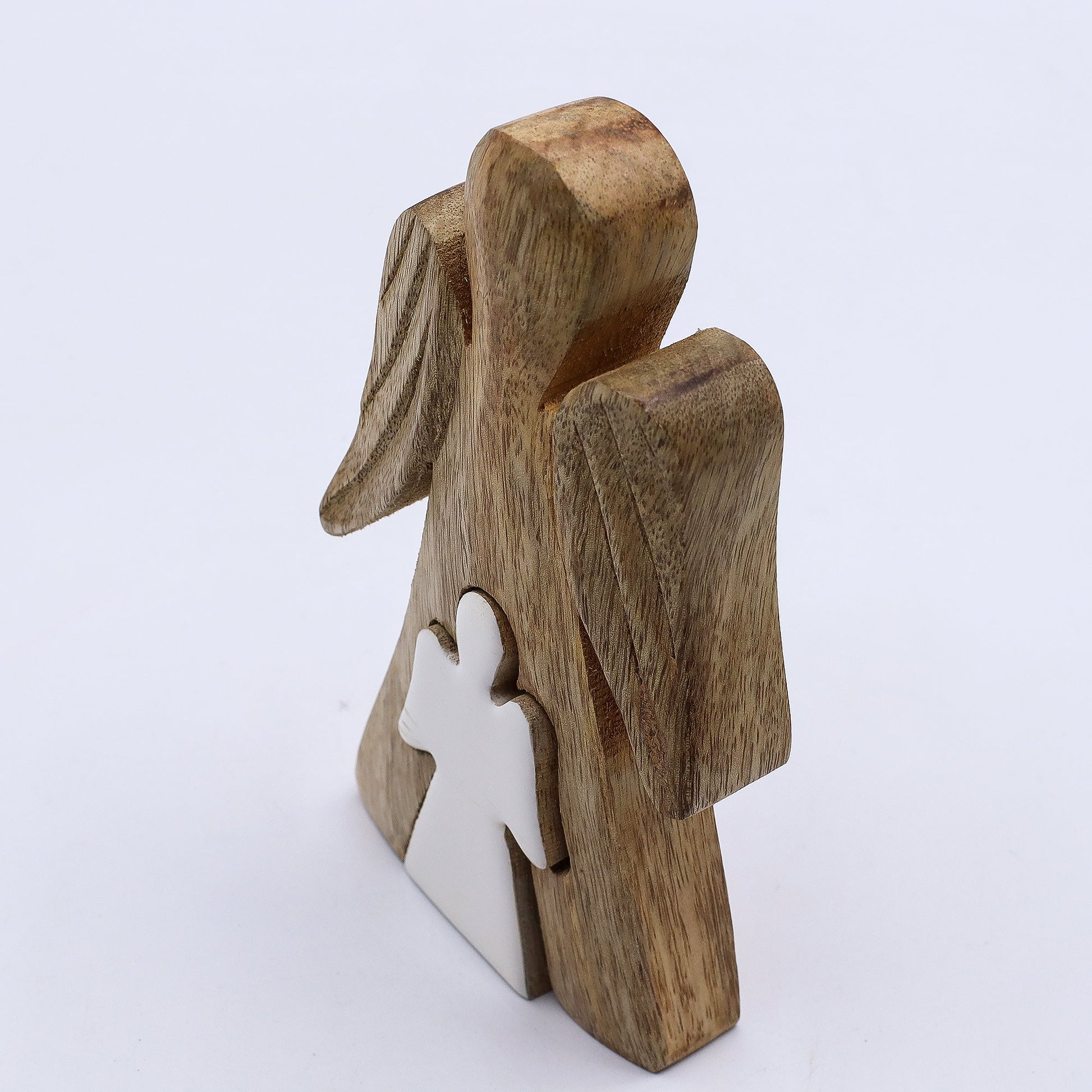 Hand Carved Mango Wooden Angel and Child - Centre / Natural / White Enamel product packaging on clean background from Quintessential Holistic Health Ltd