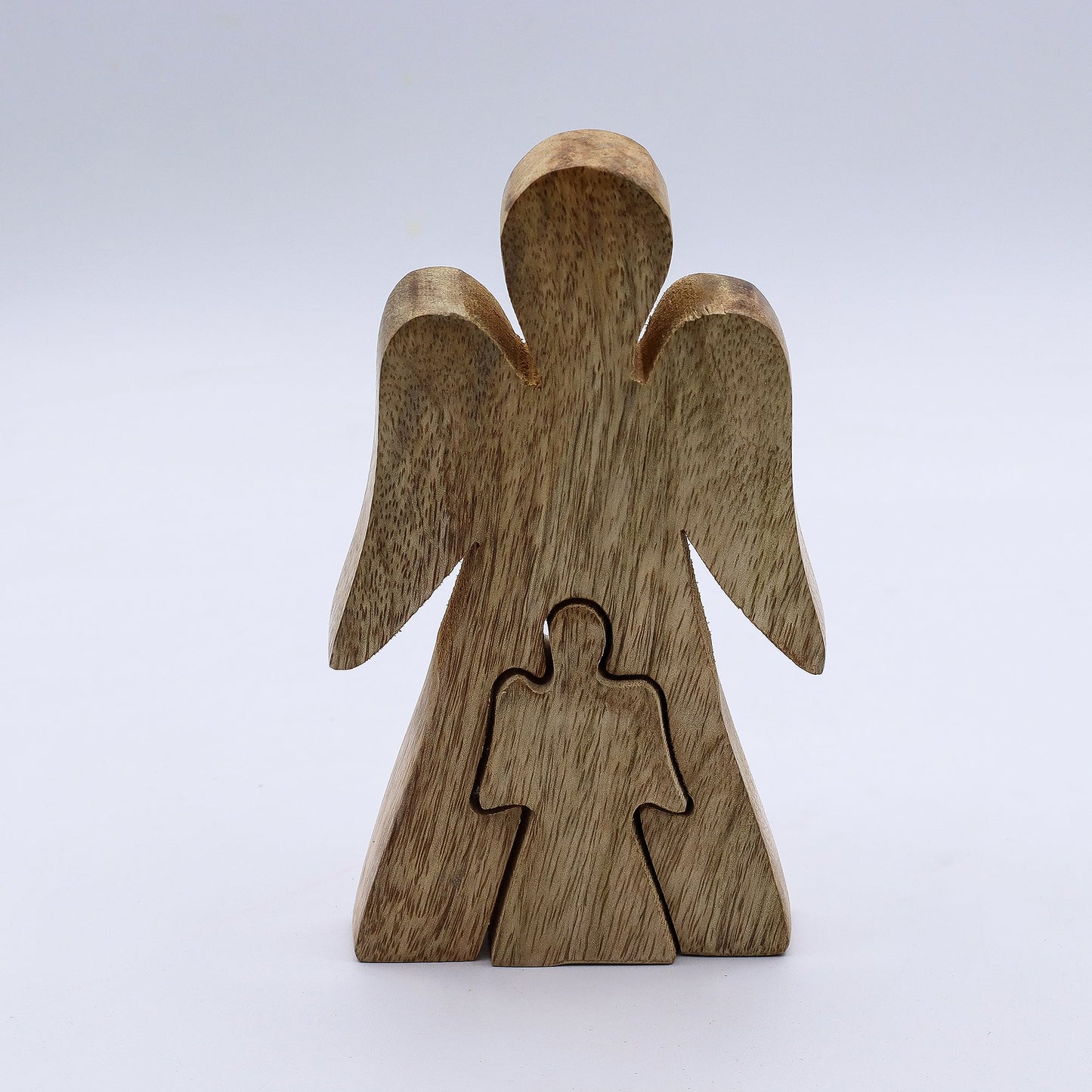 Hand Carved Mango Wooden Angel and Child - Centre / Natural / White Enamel product packaging on clean background from Quintessential Holistic Health Ltd