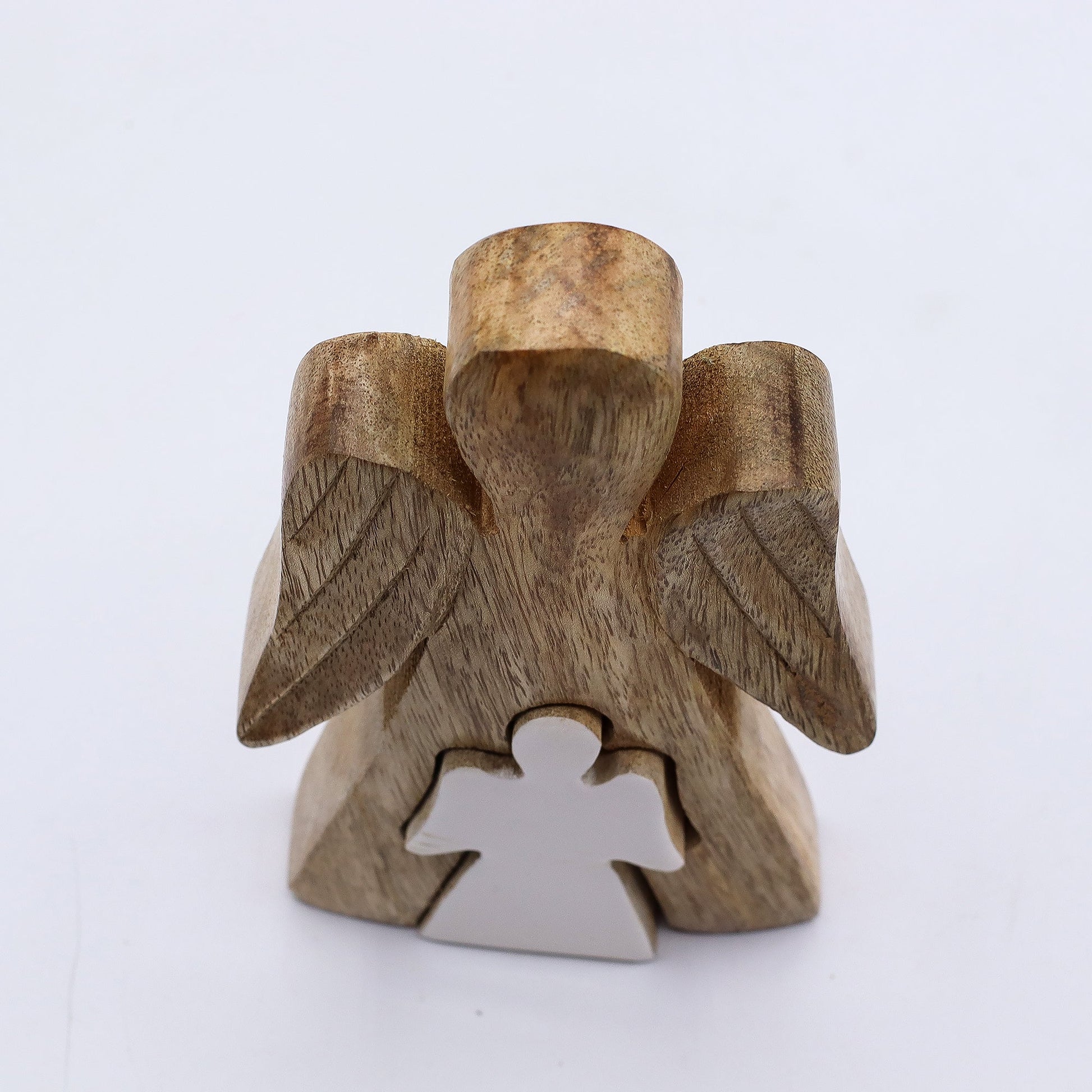 Hand Carved Mango Wooden Angel and Child - Centre / Natural / White Enamel product packaging on clean background from Quintessential Holistic Health Ltd