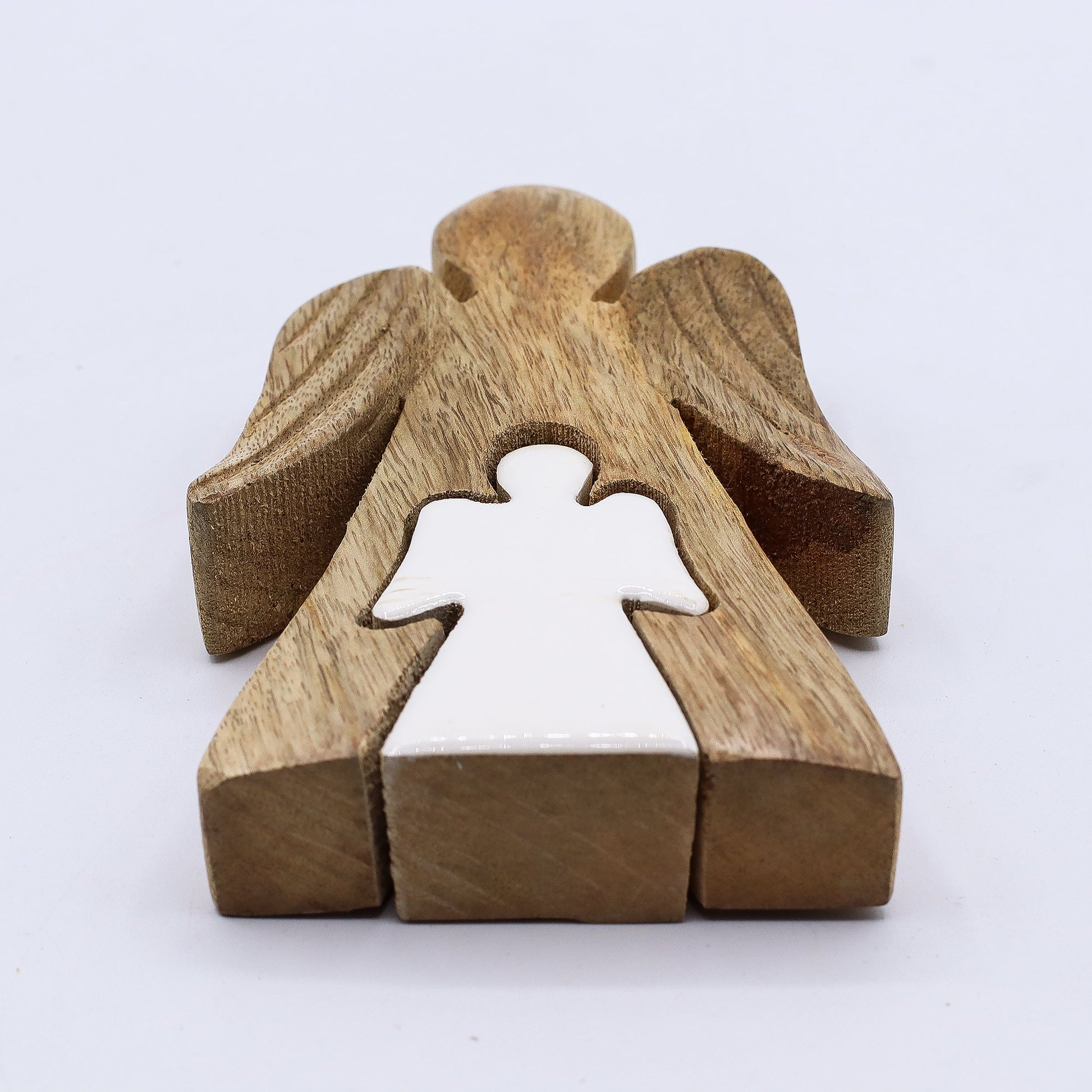Hand Carved Mango Wooden Angel and Child - Centre / Natural / White Enamel product packaging on clean background from Quintessential Holistic Health Ltd