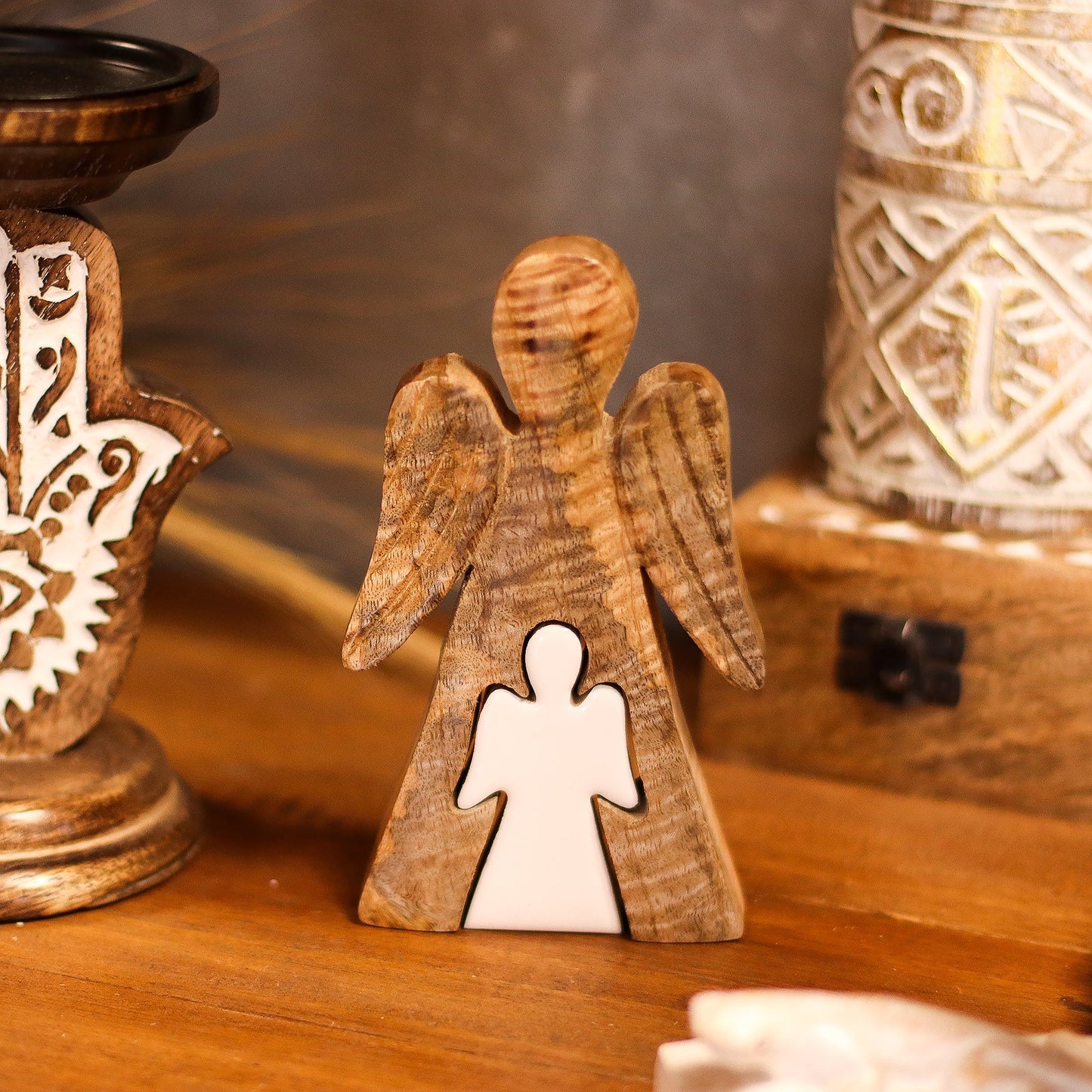 Hand Carved Mango Wooden Angel and Child - Centre / Natural / White Enamel product packaging on clean background from Quintessential Holistic Health Ltd