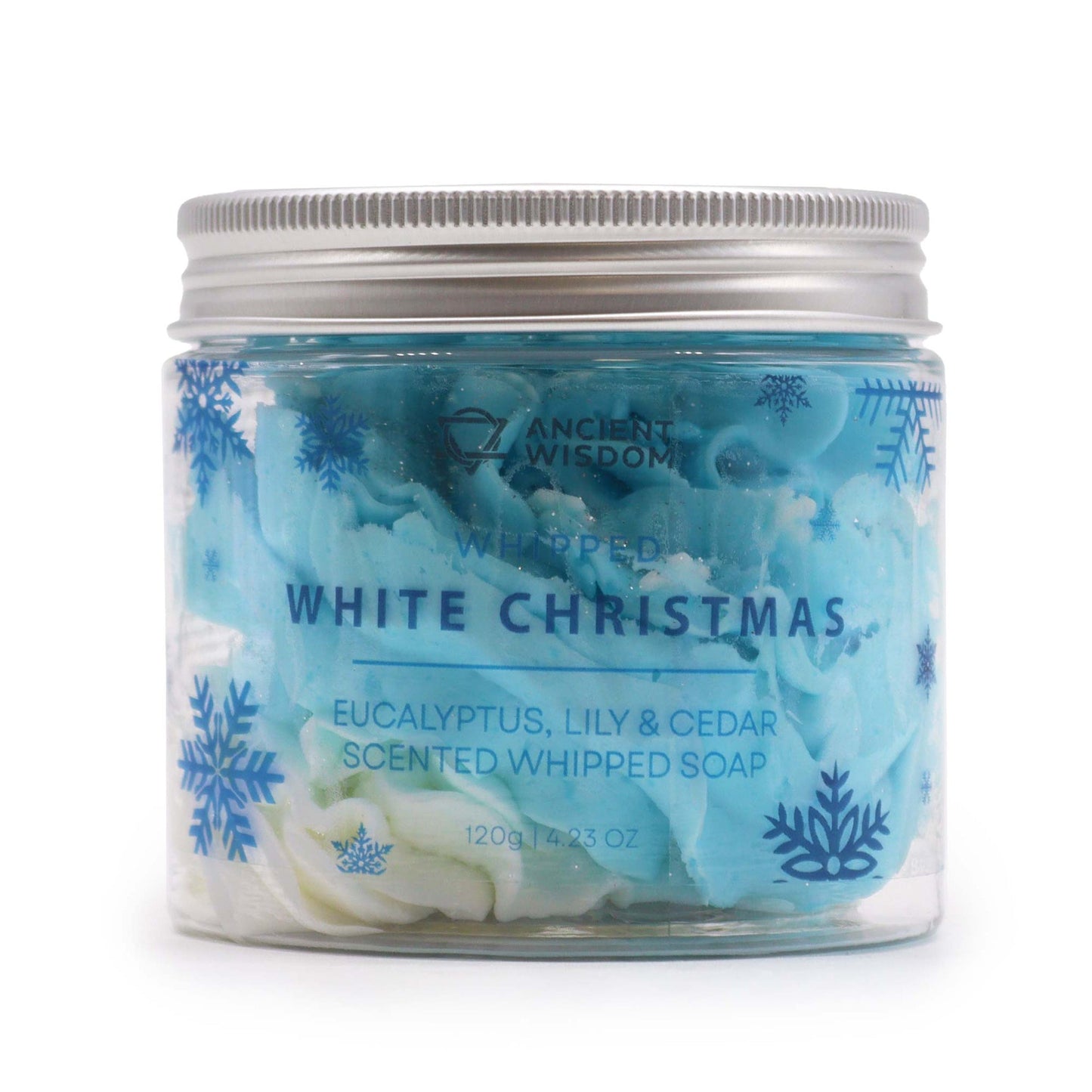 Vegan-Friendly Whipped Soap - White Christmas - 120g, closed clear jar with a silver lid and blue-and-white swirls by Quintessential Holistic Health Ltd