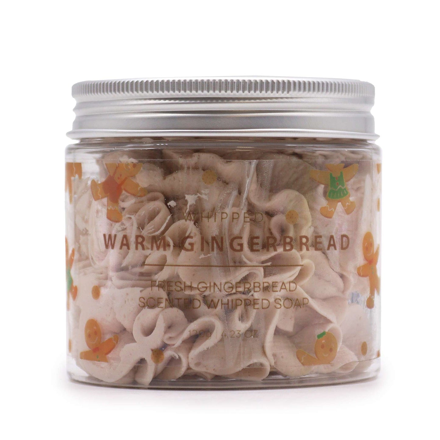 Handcrafted Vegan-Friendly Whipped Soap - Warm Gingerbread - 120g, square clear jar with a silver lid and beige swirls, by Quintessential Holistic Health Ltd